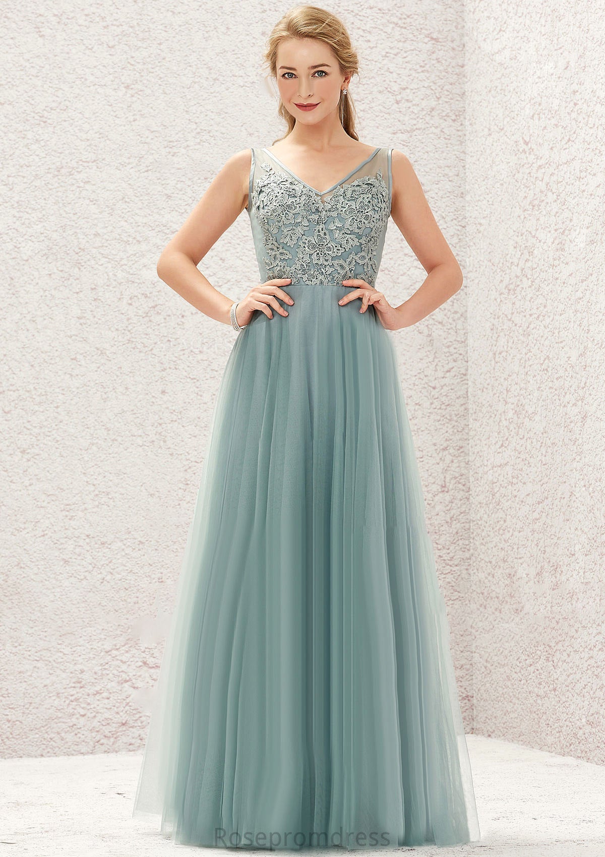 A-line V Neck Sleeveless Tulle Long/Floor-Length Bridesmaid Dresses With Lace Briana SRSP0025628