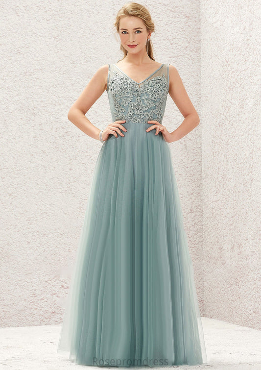 A-line V Neck Sleeveless Tulle Long/Floor-Length Bridesmaid Dresses With Lace Briana SRSP0025628