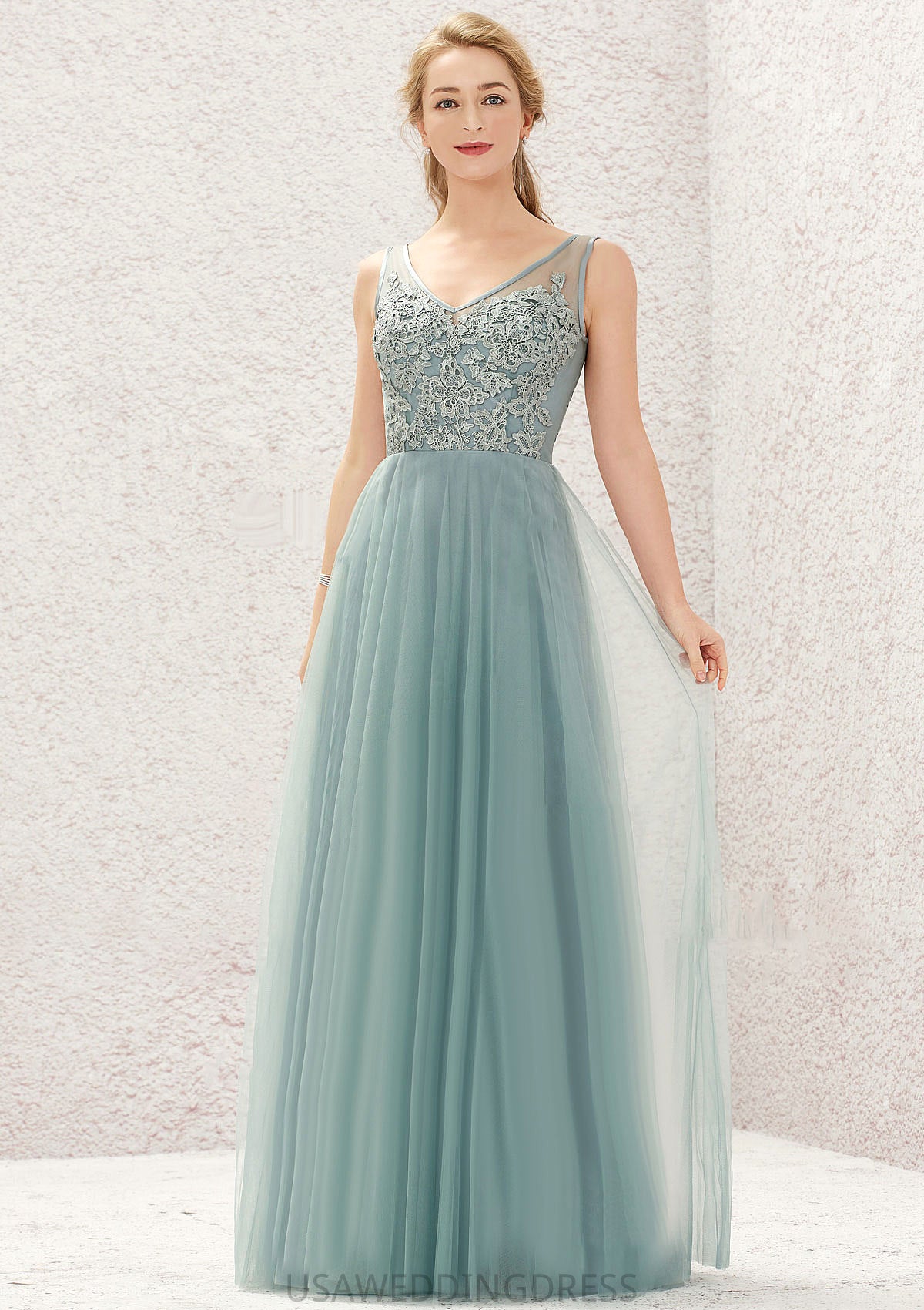 A-line V Neck Sleeveless Tulle Long/Floor-Length Bridesmaid Dresses With Lace Marisa DSP0025628