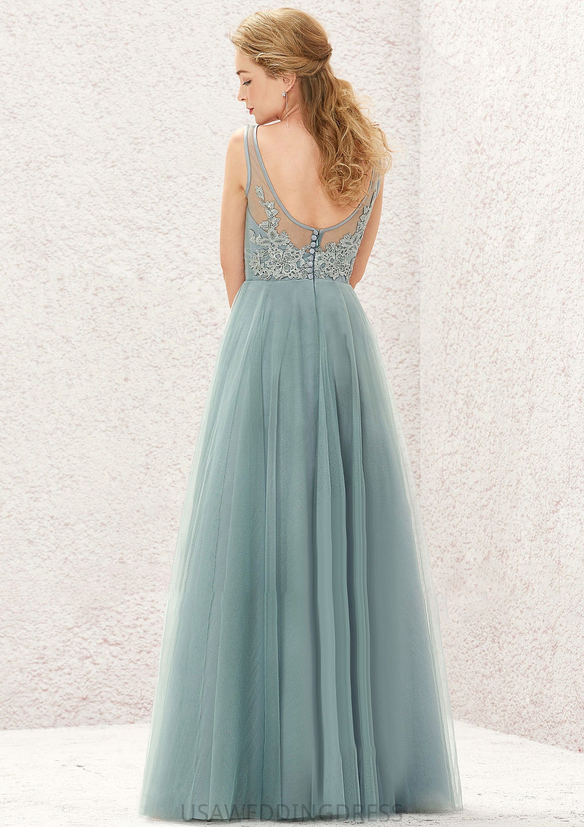 A-line V Neck Sleeveless Tulle Long/Floor-Length Bridesmaid Dresses With Lace Marisa DSP0025628