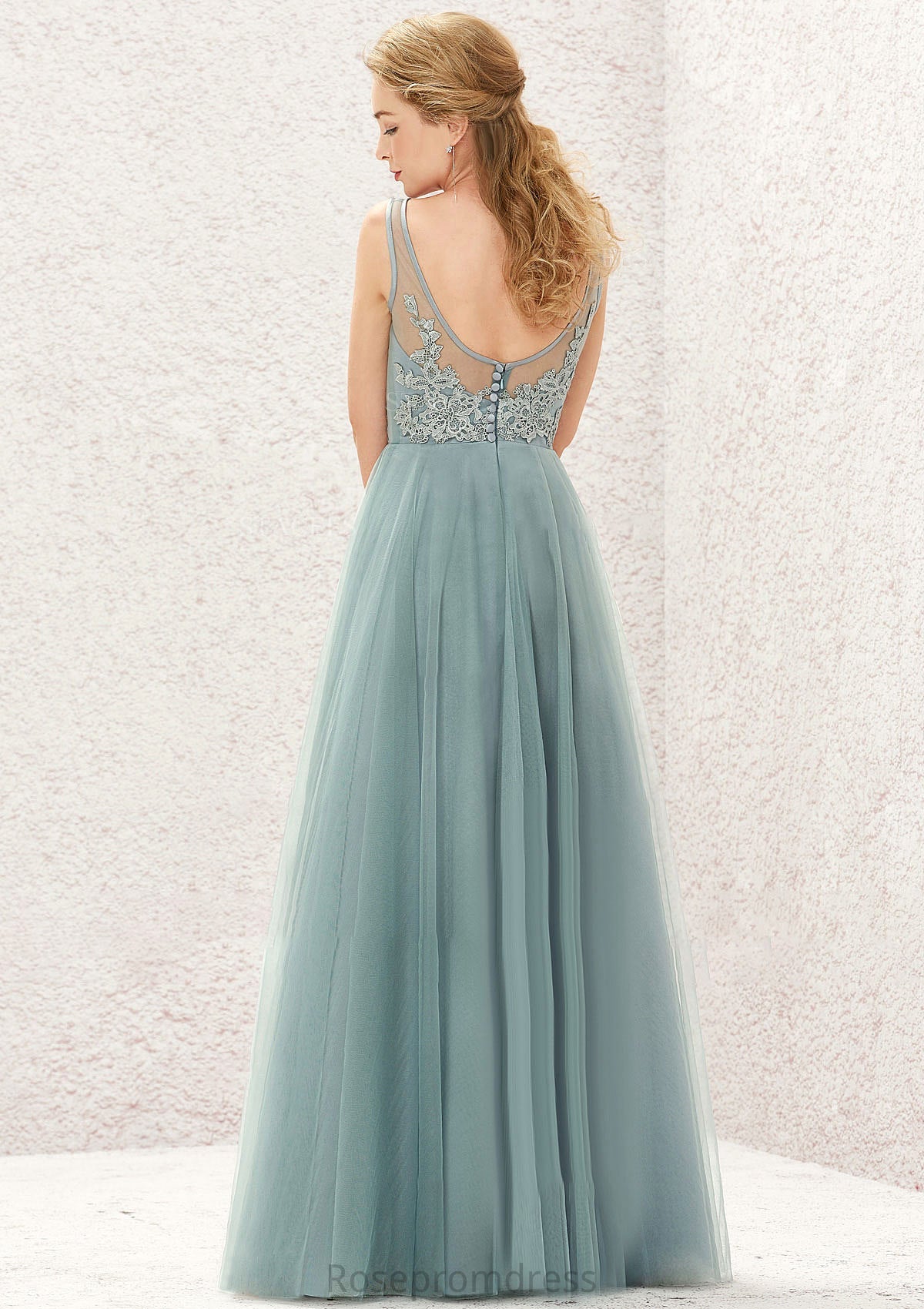 A-line V Neck Sleeveless Tulle Long/Floor-Length Bridesmaid Dresses With Lace Briana SRSP0025628