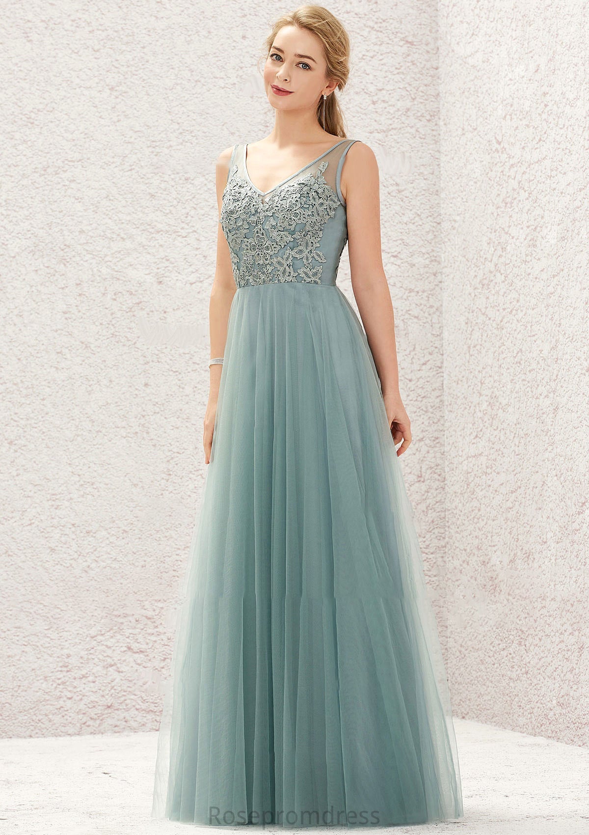 A-line V Neck Sleeveless Tulle Long/Floor-Length Bridesmaid Dresses With Lace Briana SRSP0025628