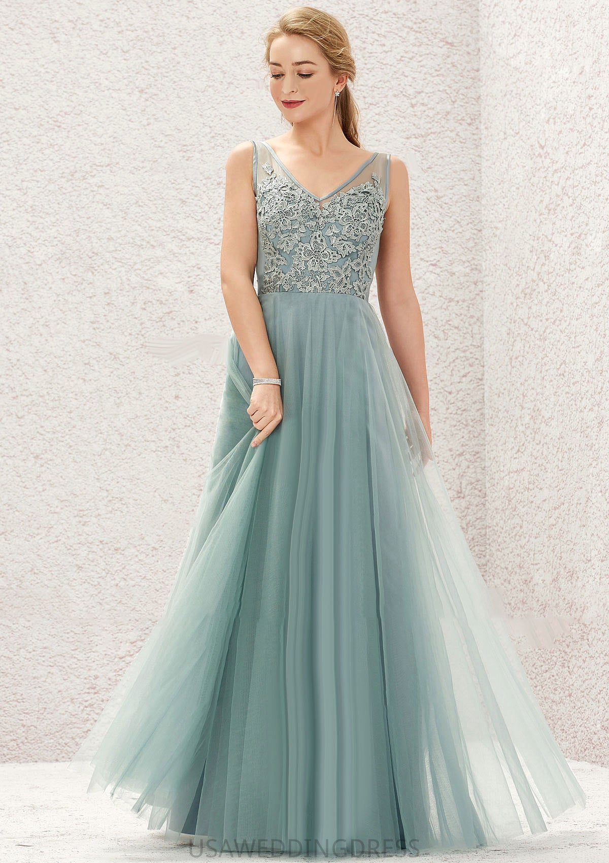 A-line V Neck Sleeveless Tulle Long/Floor-Length Bridesmaid Dresses With Lace Marisa DSP0025628