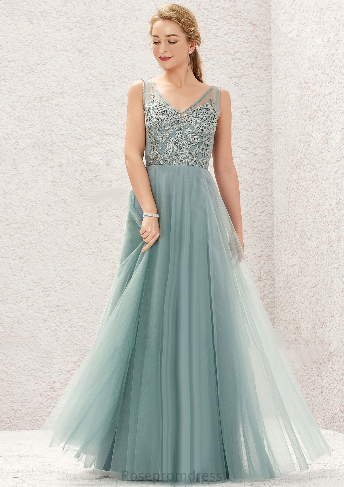 A-line V Neck Sleeveless Tulle Long/Floor-Length Bridesmaid Dresses With Lace Briana SRSP0025628