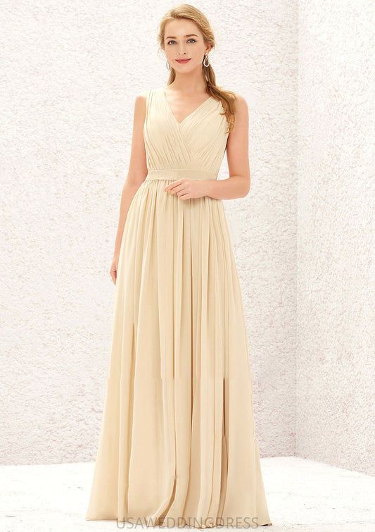 A-line V Neck Sleeveless Chiffon Long/Floor-Length Bridesmaid Dresses With Appliqued Sashes Pleated Asia DSP0025630