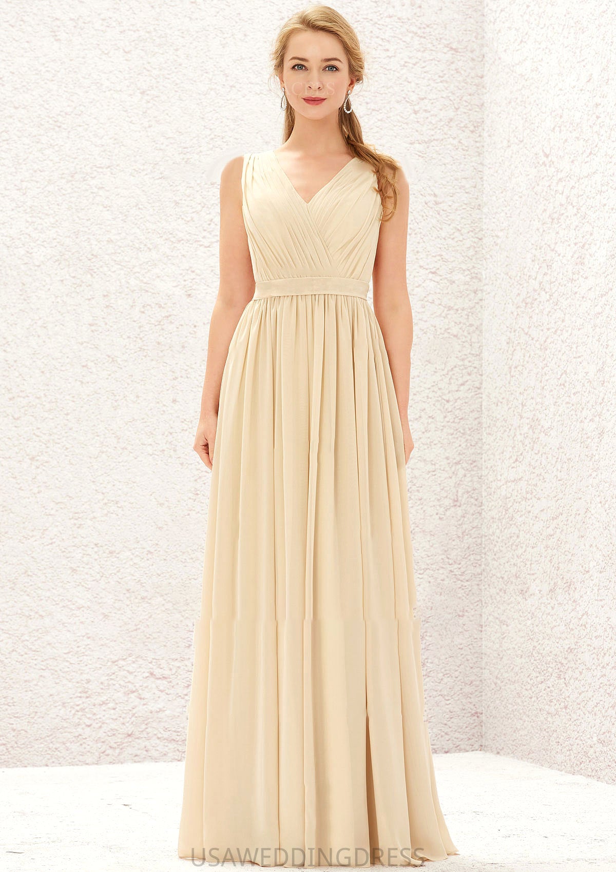 A-line V Neck Sleeveless Chiffon Long/Floor-Length Bridesmaid Dresses With Appliqued Sashes Pleated Asia DSP0025630