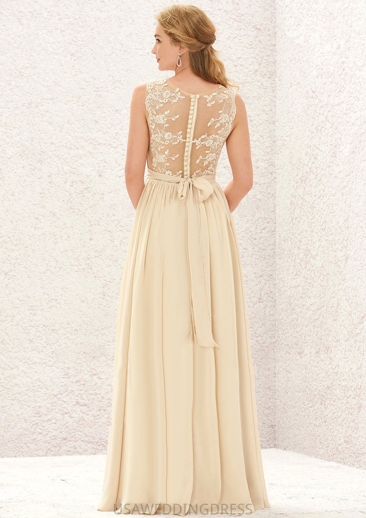 A-line V Neck Sleeveless Chiffon Long/Floor-Length Bridesmaid Dresses With Appliqued Sashes Pleated Asia DSP0025630