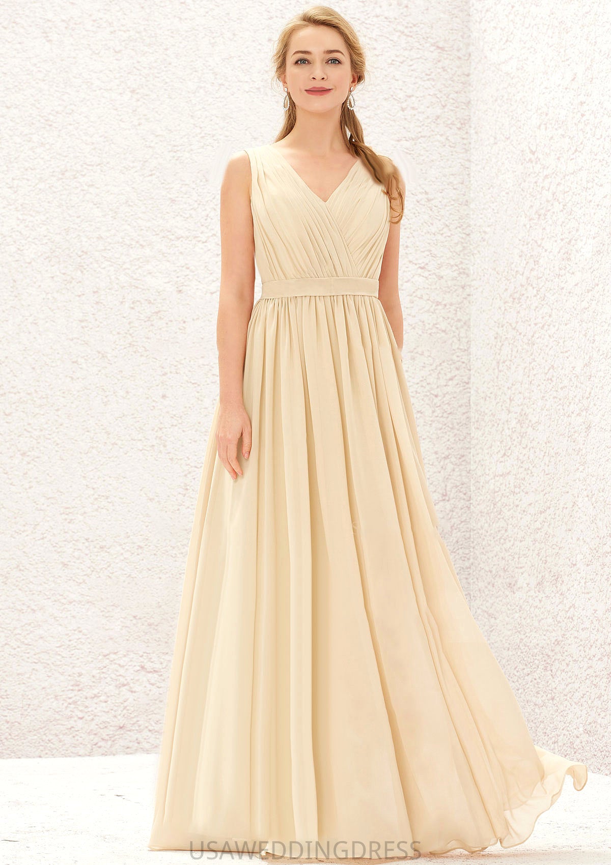 A-line V Neck Sleeveless Chiffon Long/Floor-Length Bridesmaid Dresses With Appliqued Sashes Pleated Asia DSP0025630