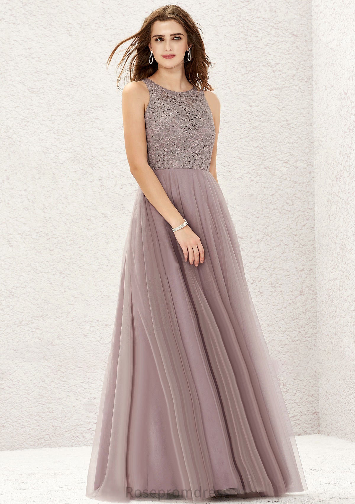 A-line Scoop Neck Sleeveless Lace Tulle Long/Floor-Length Bridesmaid Dresses Rosemary SRSP0025631