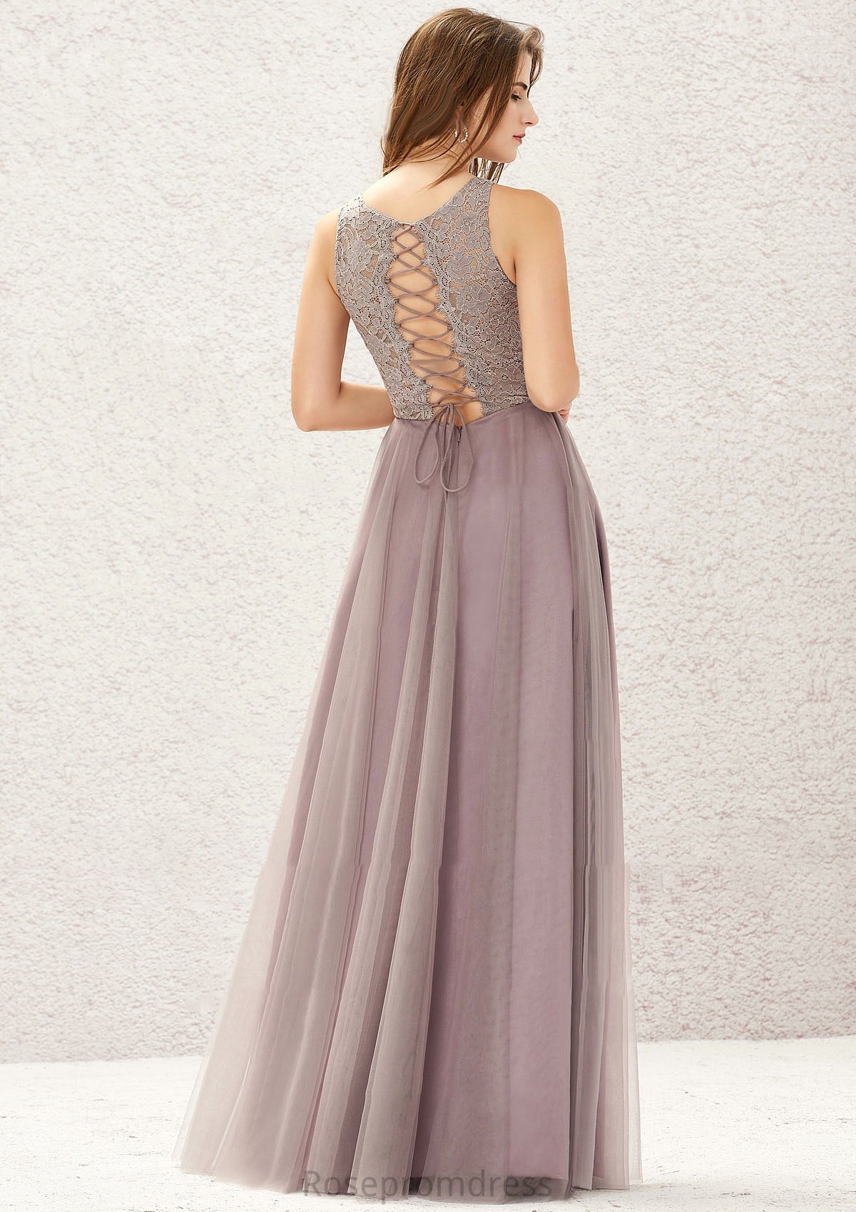 A-line Scoop Neck Sleeveless Lace Tulle Long/Floor-Length Bridesmaid Dresses Rosemary SRSP0025631