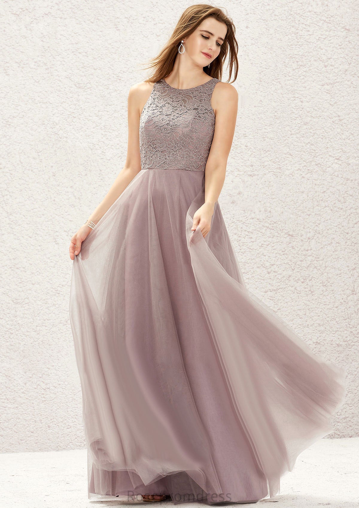 A-line Scoop Neck Sleeveless Lace Tulle Long/Floor-Length Bridesmaid Dresses Rosemary SRSP0025631