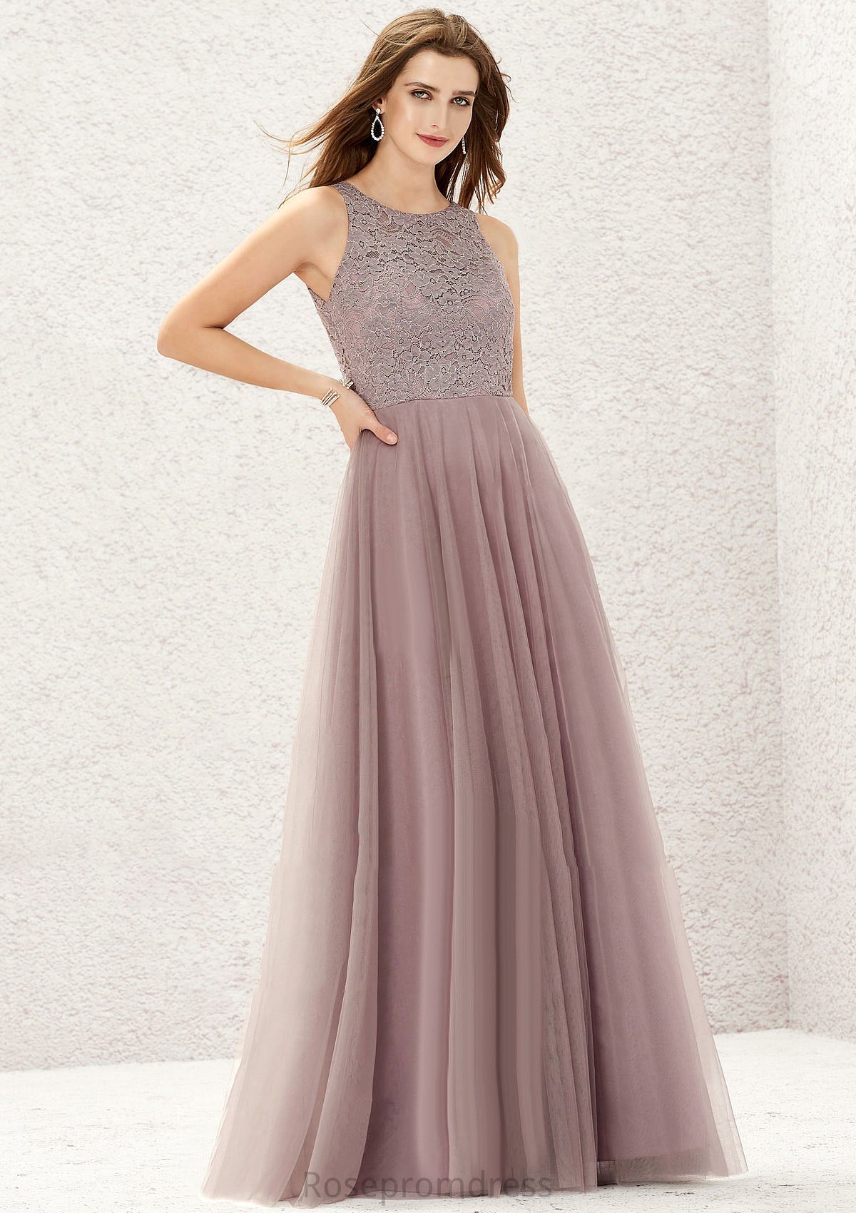 A-line Scoop Neck Sleeveless Lace Tulle Long/Floor-Length Bridesmaid Dresses Rosemary SRSP0025631