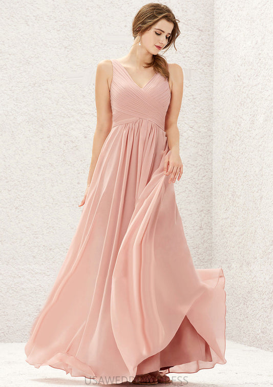 A-line V Neck Sleeveless Chiffon Long/Floor-Length Bridesmaid Dresses With Pleated Amber DSP0025632