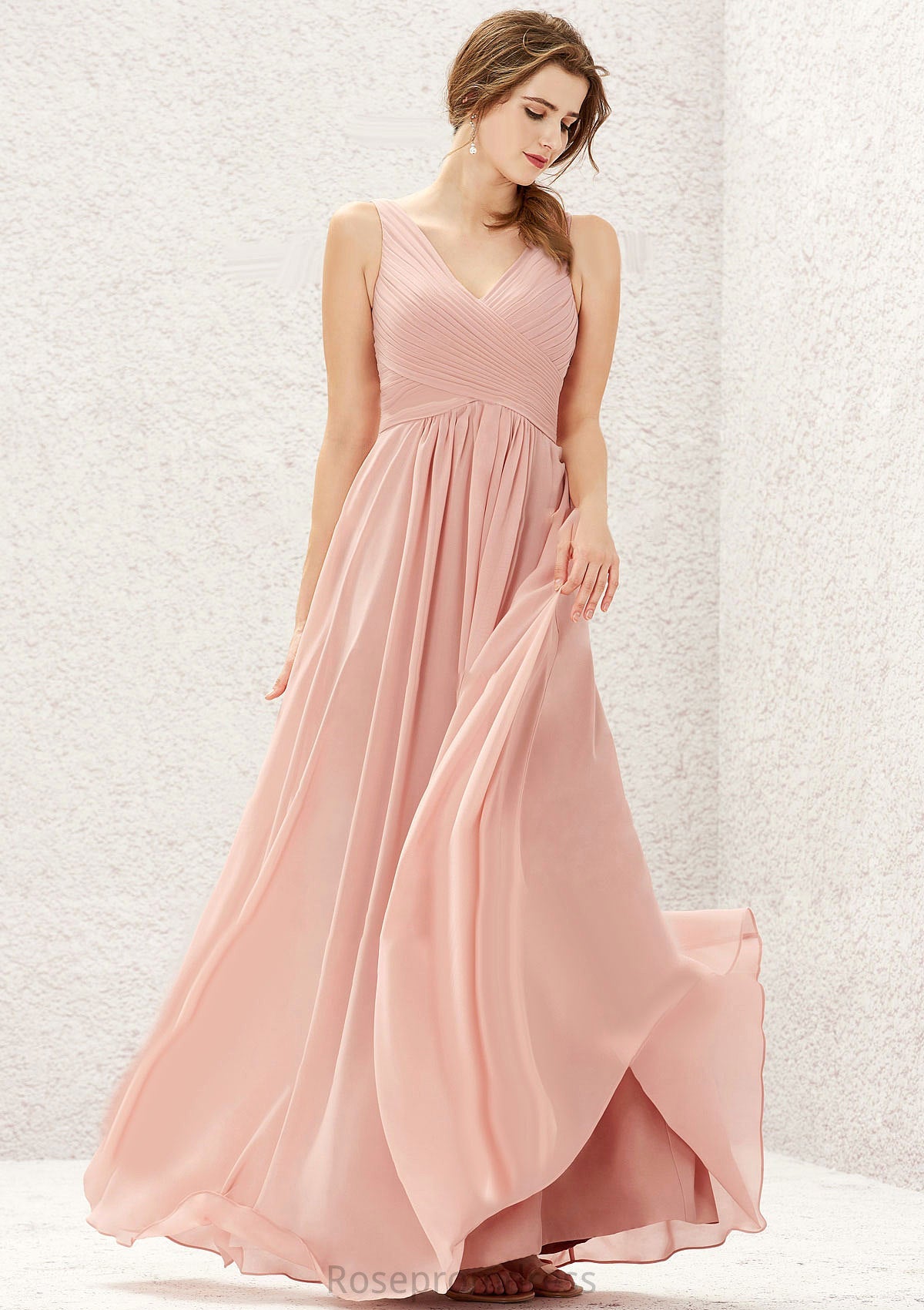 A-line V Neck Sleeveless Chiffon Long/Floor-Length Bridesmaid Dresses With Pleated Karissa SRSP0025632