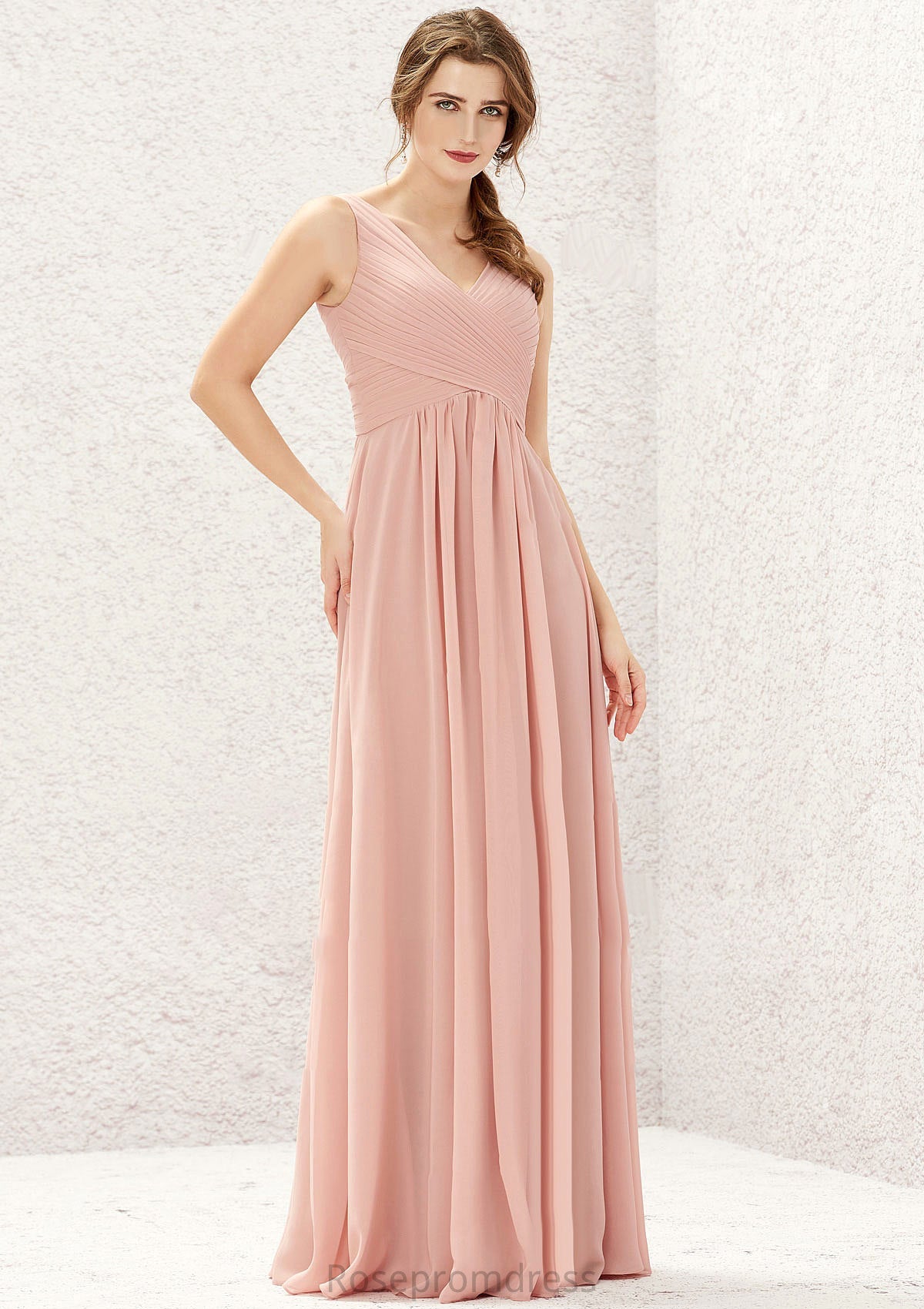 A-line V Neck Sleeveless Chiffon Long/Floor-Length Bridesmaid Dresses With Pleated Karissa SRSP0025632