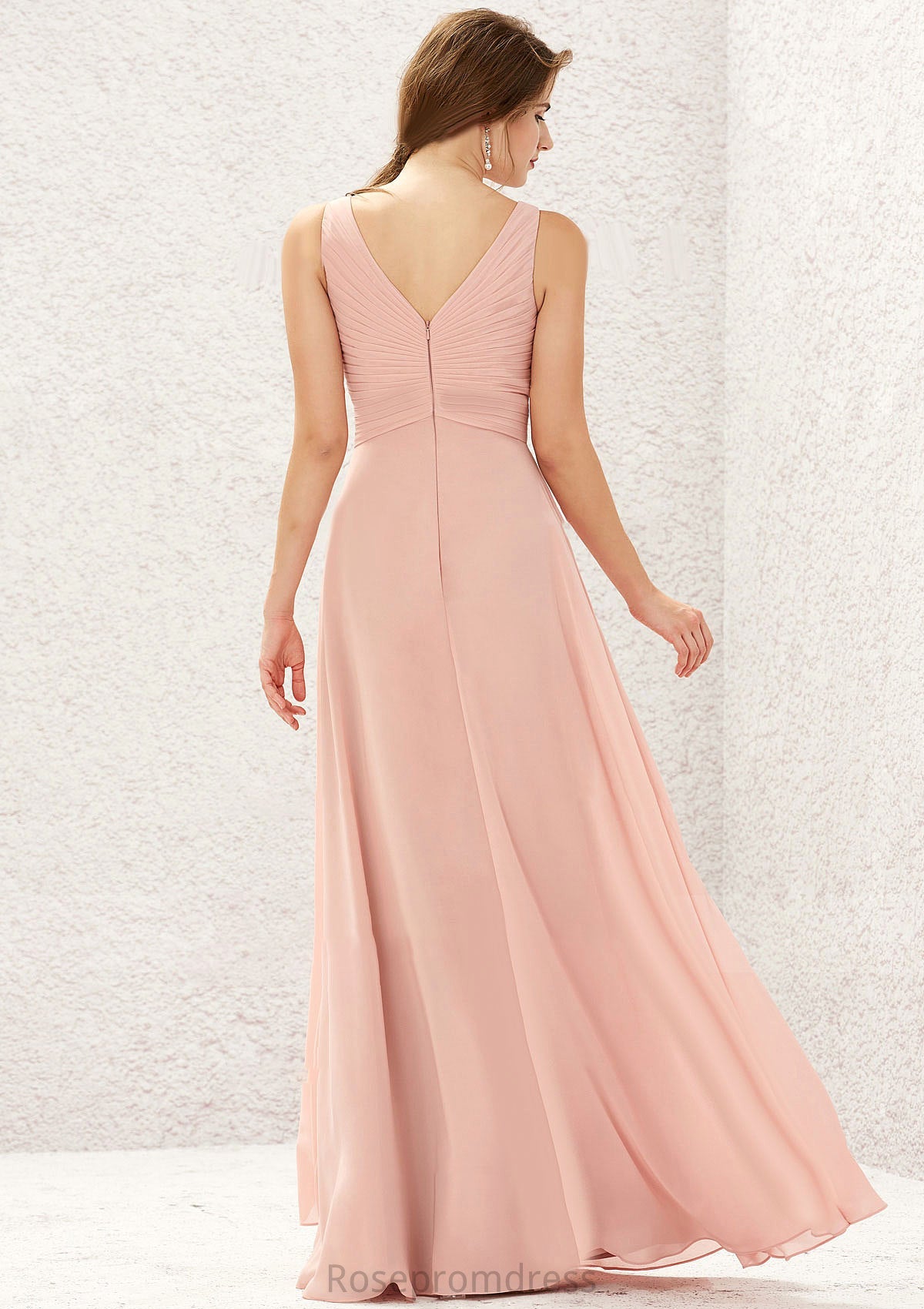 A-line V Neck Sleeveless Chiffon Long/Floor-Length Bridesmaid Dresses With Pleated Karissa SRSP0025632