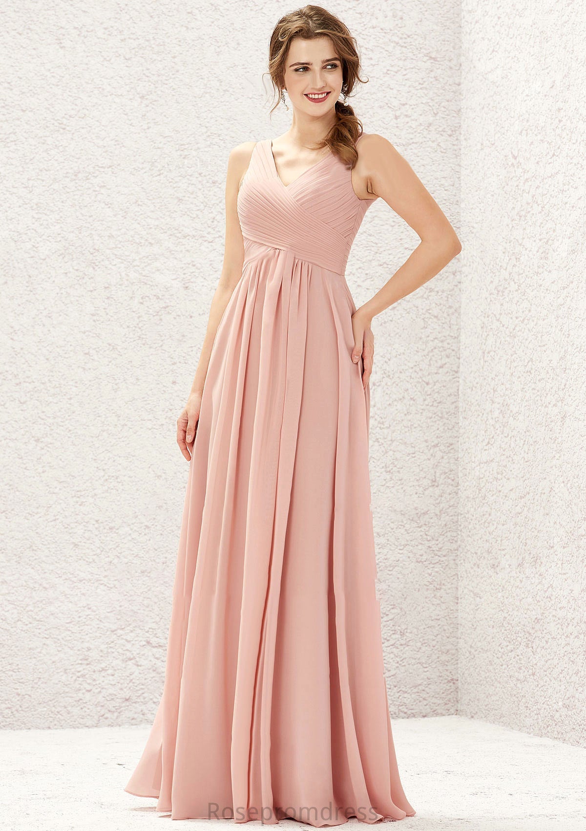 A-line V Neck Sleeveless Chiffon Long/Floor-Length Bridesmaid Dresses With Pleated Karissa SRSP0025632