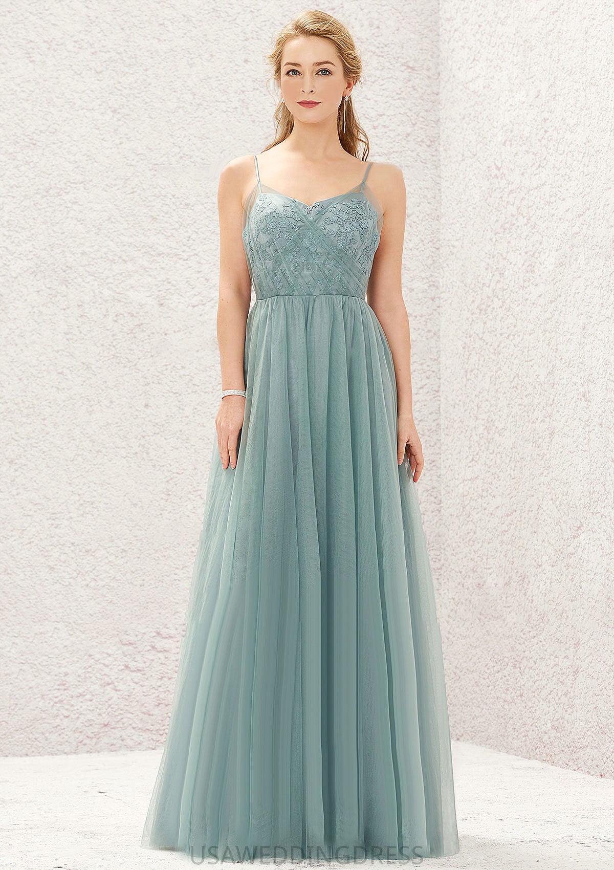 Princess A-line V Neck Sleeveless Tulle Long/Floor-Length Bridesmaid Dresses With Pleated Appliqued Campbell DSP0025633