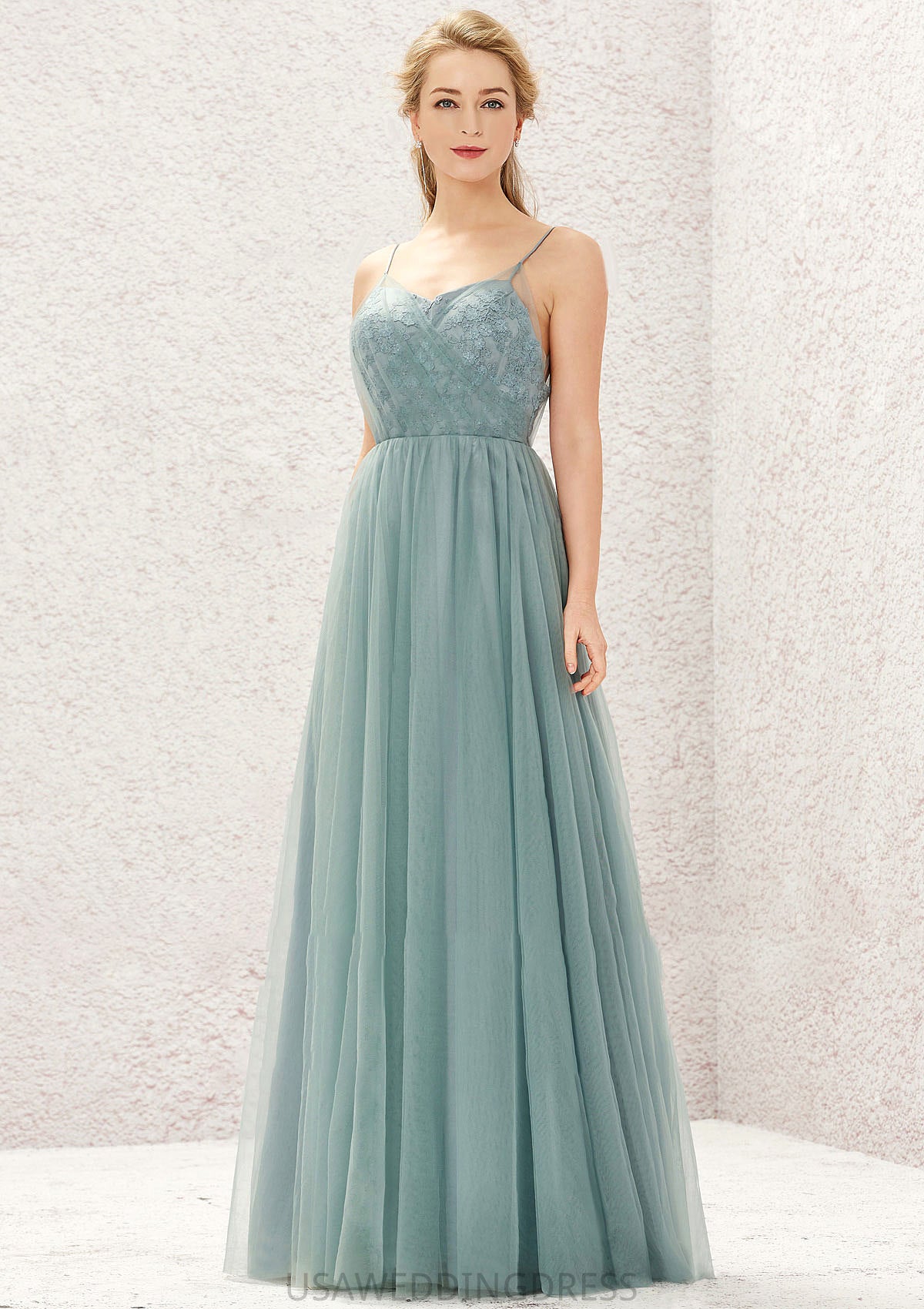 Princess A-line V Neck Sleeveless Tulle Long/Floor-Length Bridesmaid Dresses With Pleated Appliqued Campbell DSP0025633