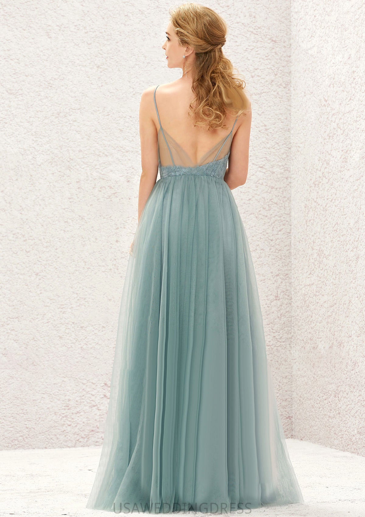 Princess A-line V Neck Sleeveless Tulle Long/Floor-Length Bridesmaid Dresses With Pleated Appliqued Campbell DSP0025633