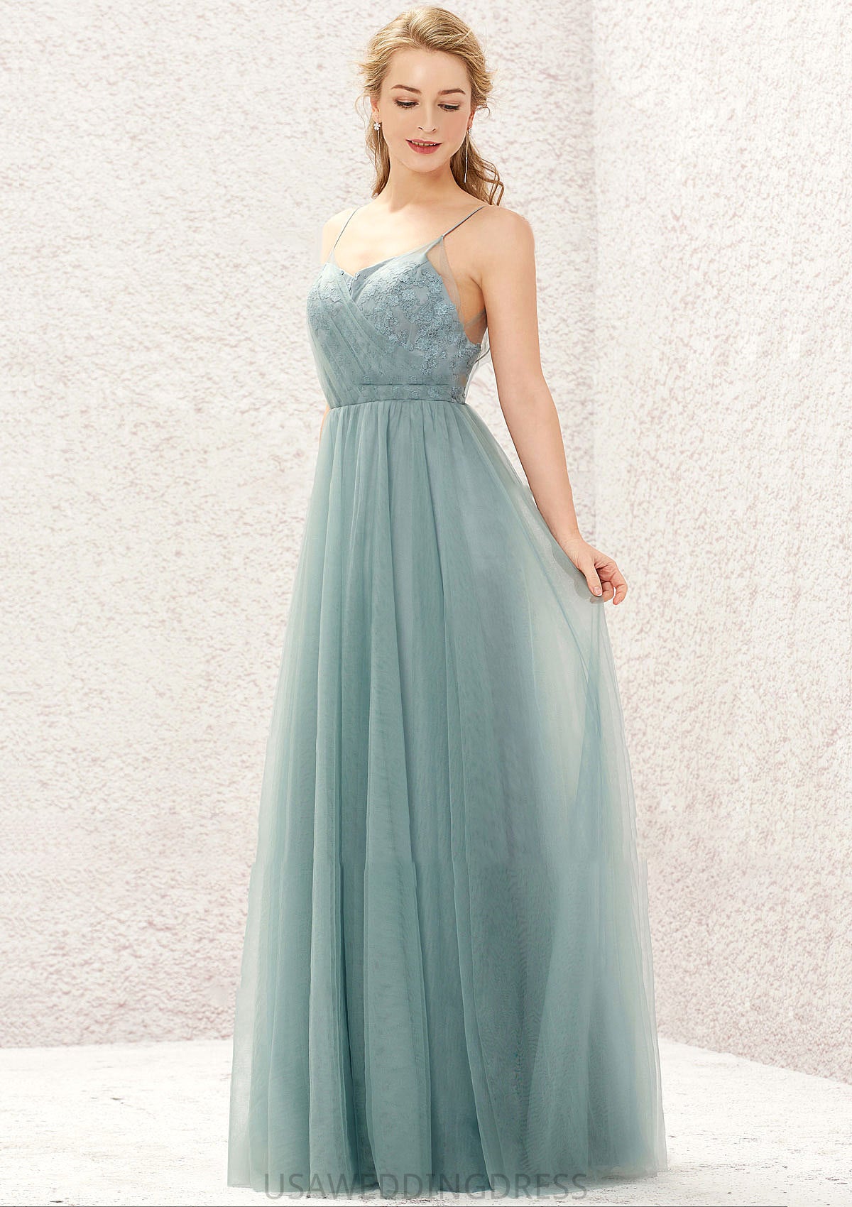 Princess A-line V Neck Sleeveless Tulle Long/Floor-Length Bridesmaid Dresses With Pleated Appliqued Campbell DSP0025633