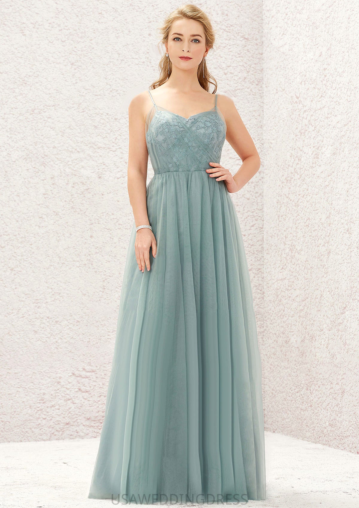 Princess A-line V Neck Sleeveless Tulle Long/Floor-Length Bridesmaid Dresses With Pleated Appliqued Campbell DSP0025633