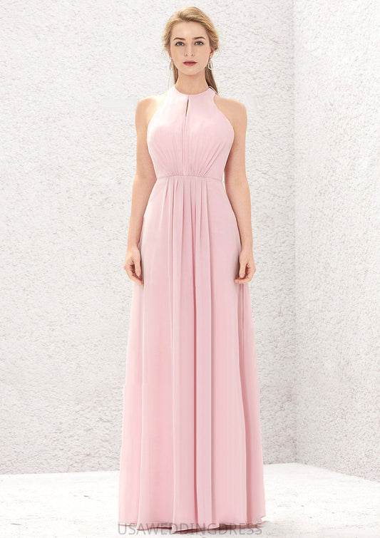 A-line Halter Sleeveless Chiffon Long/Floor-Length Bridesmaid Dresses With Pleated Taryn DSP0025634