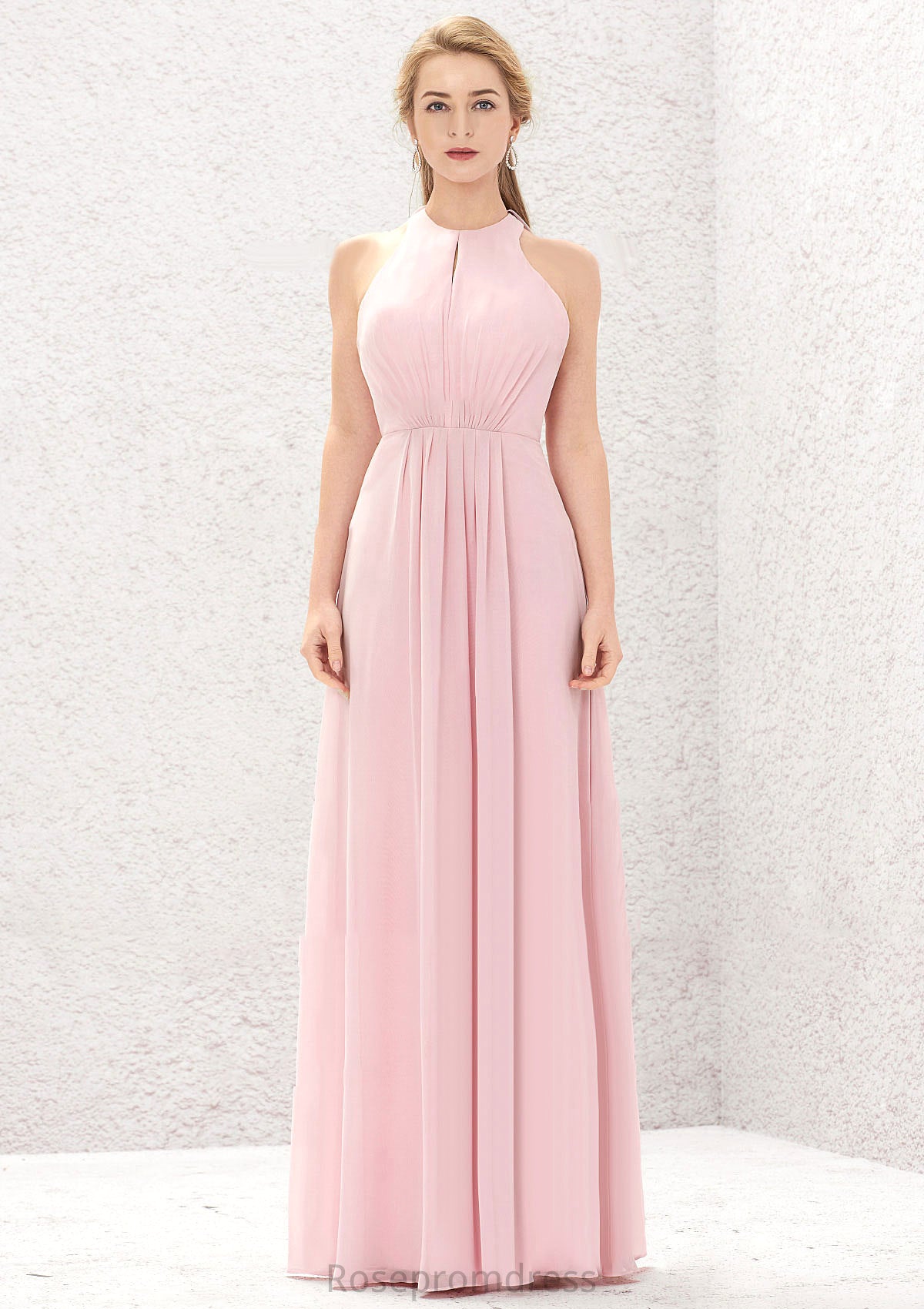 A-line Halter Sleeveless Chiffon Long/Floor-Length Bridesmaid Dresses With Pleated Robin SRSP0025634