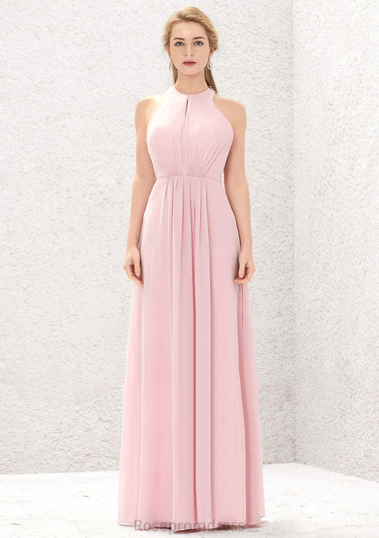 A-line Halter Sleeveless Chiffon Long/Floor-Length Bridesmaid Dresses With Pleated Robin SRSP0025634