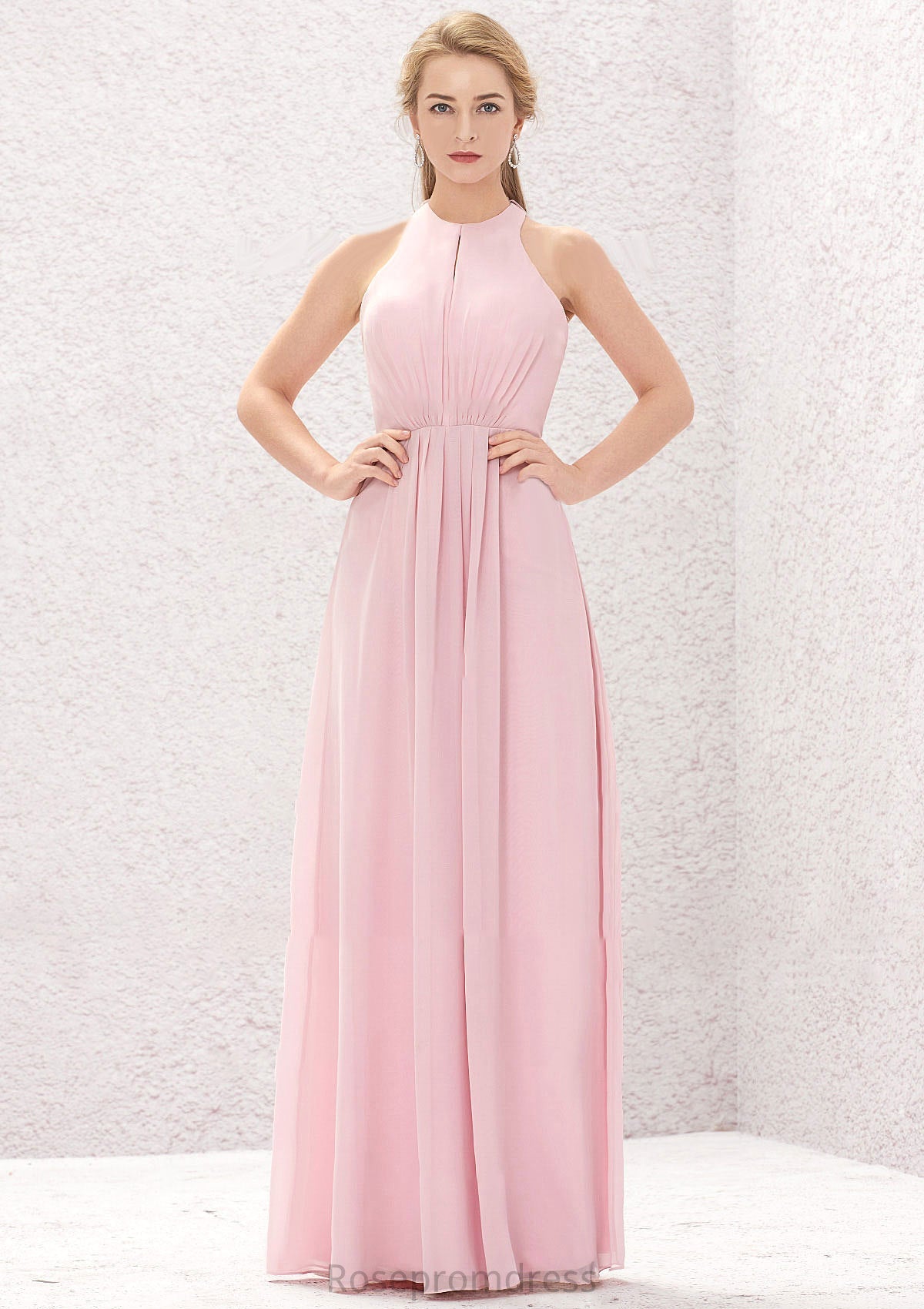 A-line Halter Sleeveless Chiffon Long/Floor-Length Bridesmaid Dresses With Pleated Robin SRSP0025634