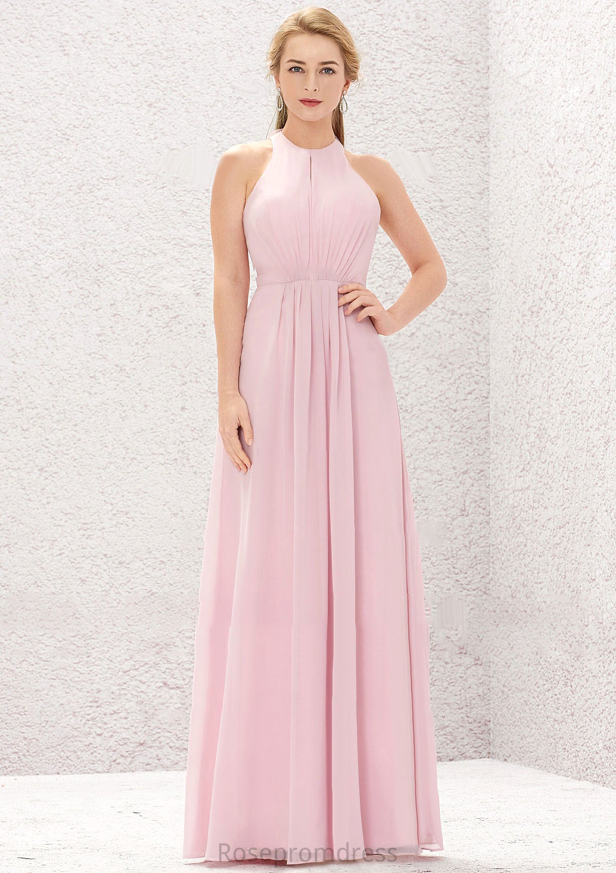 A-line Halter Sleeveless Chiffon Long/Floor-Length Bridesmaid Dresses With Pleated Robin SRSP0025634