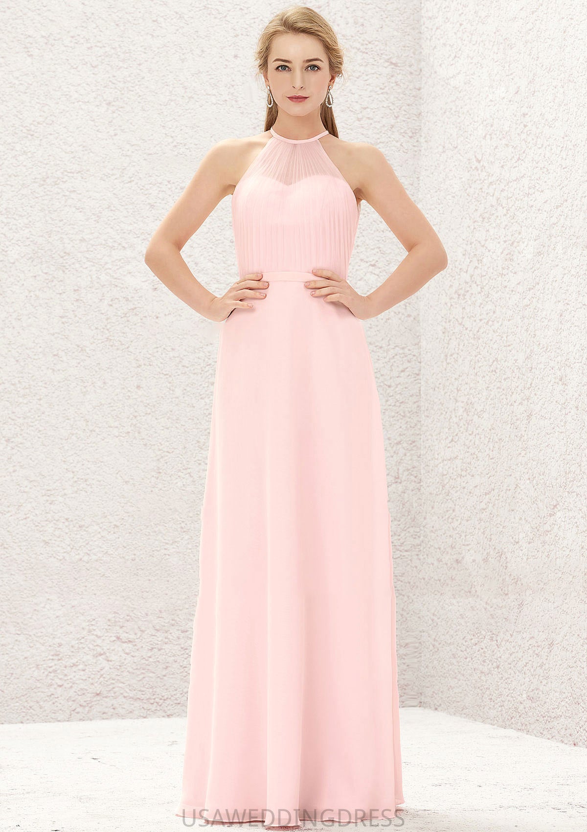 A-line Halter Sleeveless Chiffon Long/Floor-Length Bridesmaid Dresses Harley DSP0025635