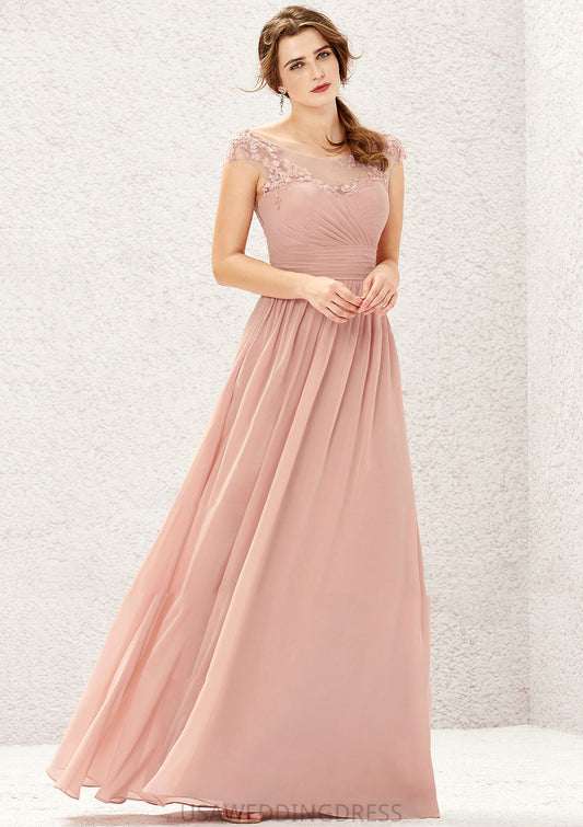 A-line Illusion Neck Sleeveless Chiffon Long/Floor-Length Bridesmaid Dresses With Appliqued Pleated Gianna DSP0025636