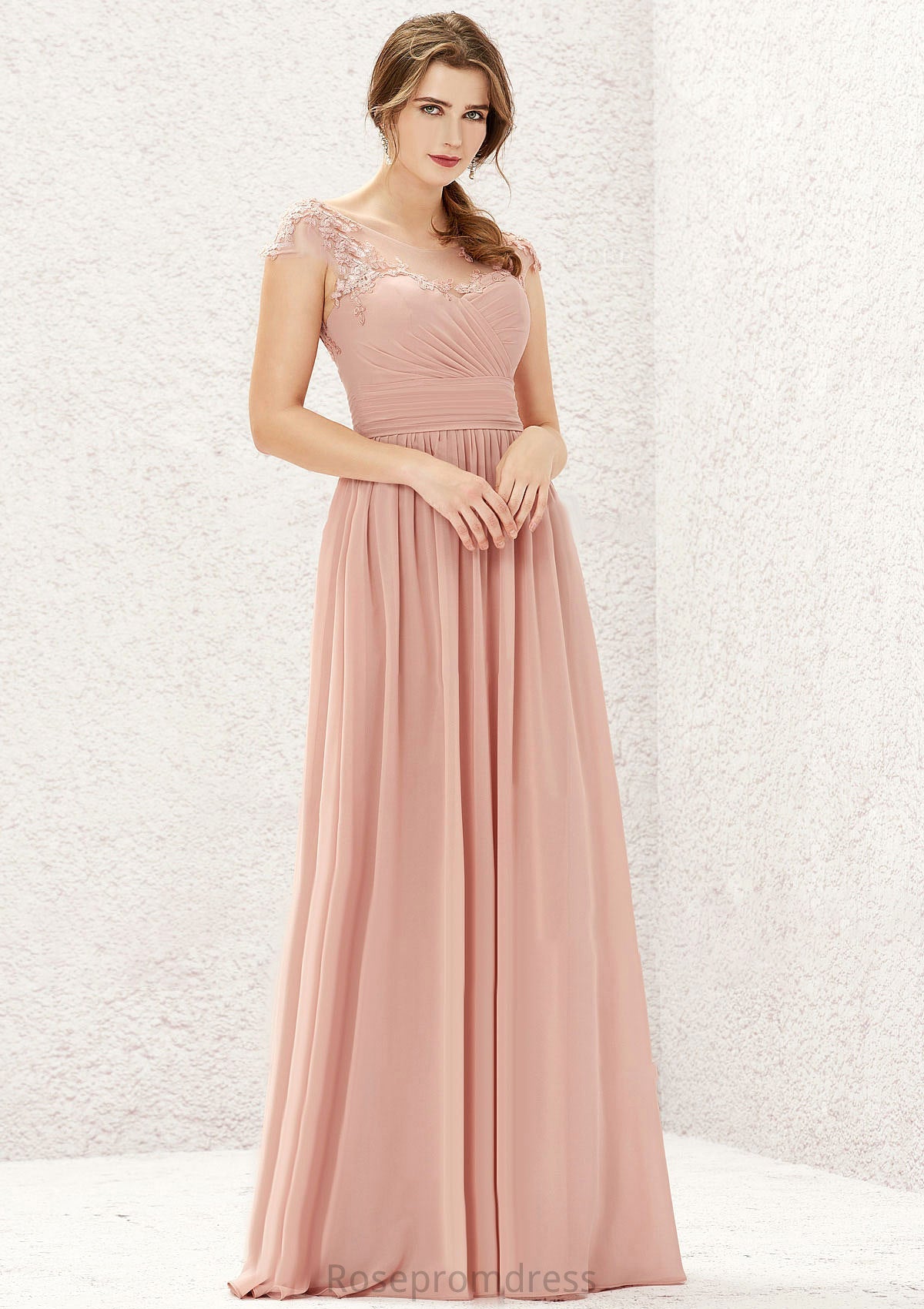 A-line Illusion Neck Sleeveless Chiffon Long/Floor-Length Bridesmaid Dresses With Appliqued Pleated Jayda SRSP0025636