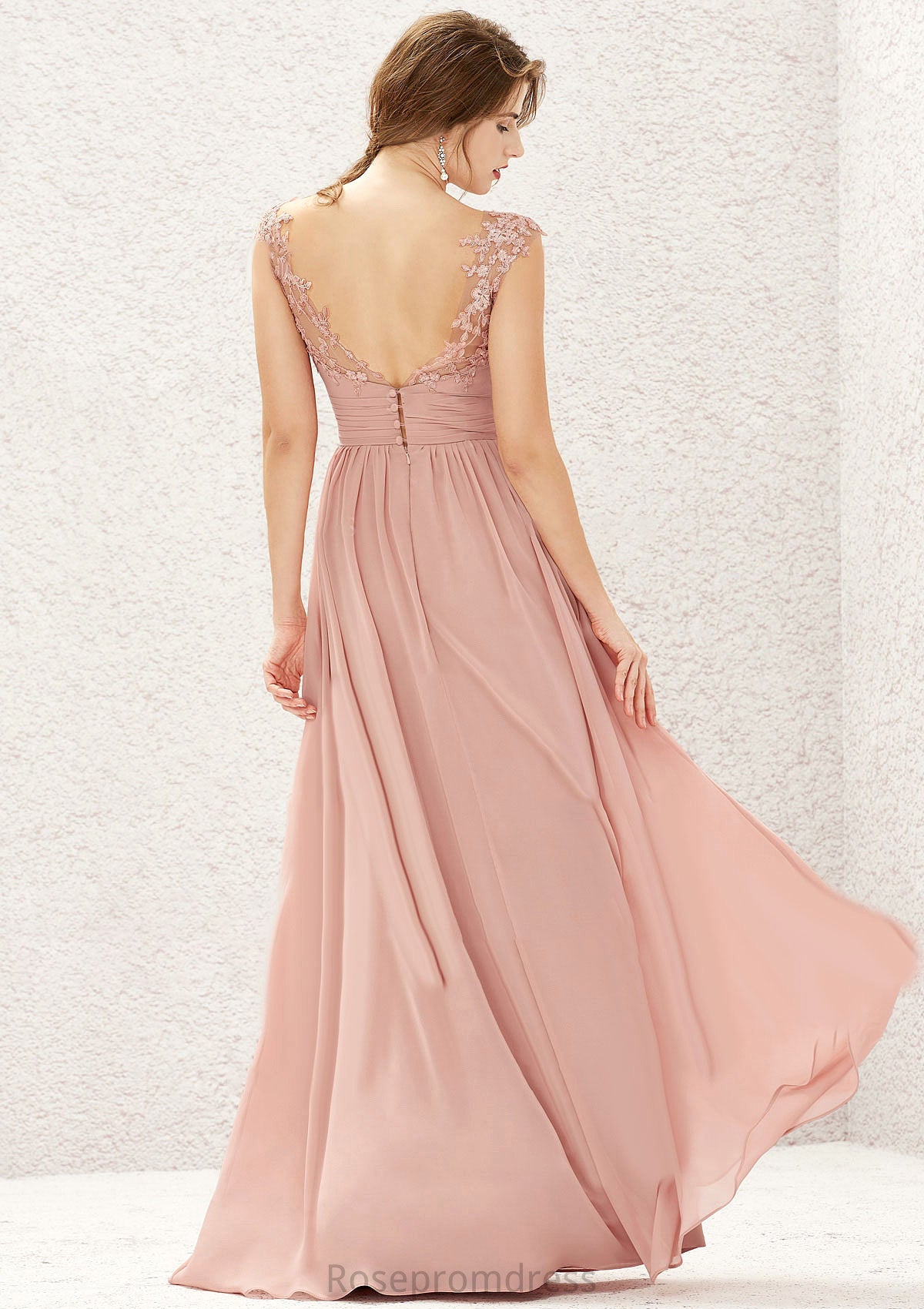 A-line Illusion Neck Sleeveless Chiffon Long/Floor-Length Bridesmaid Dresses With Appliqued Pleated Jayda SRSP0025636