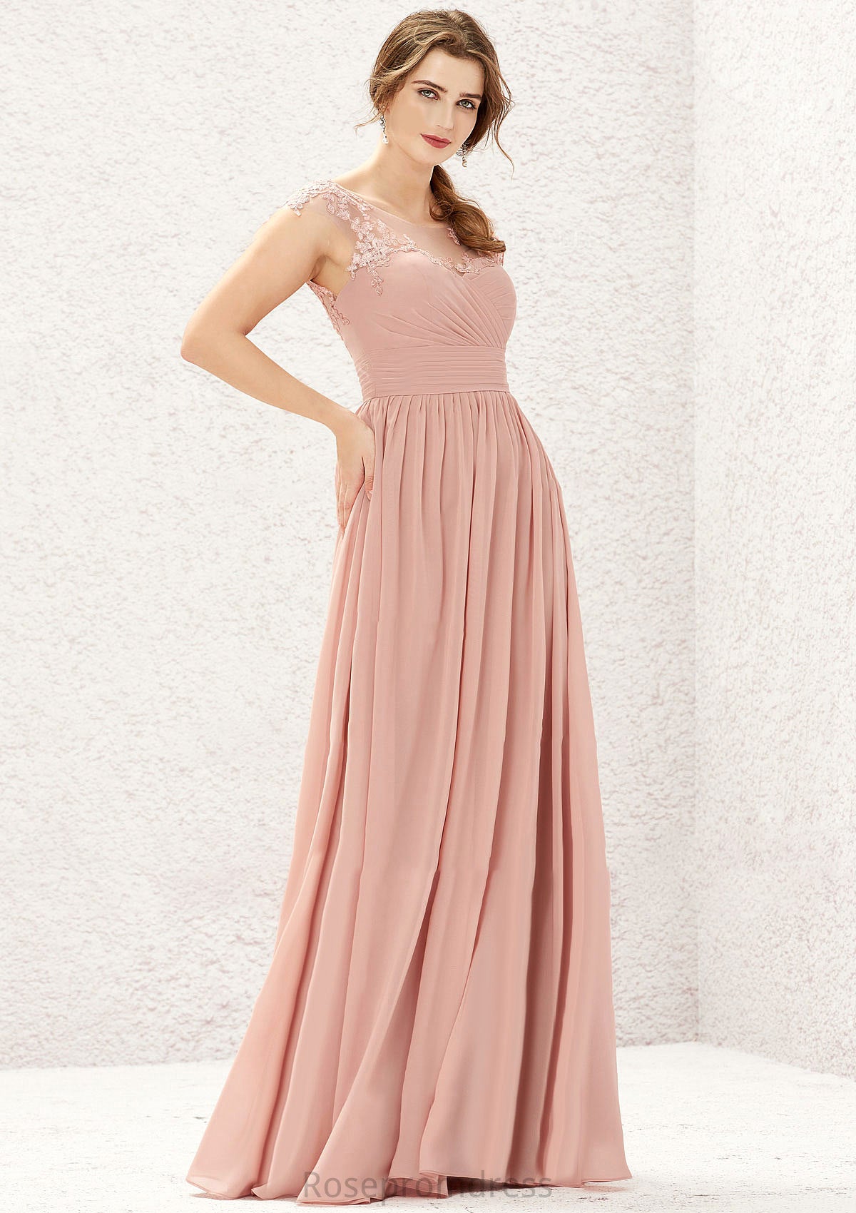 A-line Illusion Neck Sleeveless Chiffon Long/Floor-Length Bridesmaid Dresses With Appliqued Pleated Jayda SRSP0025636