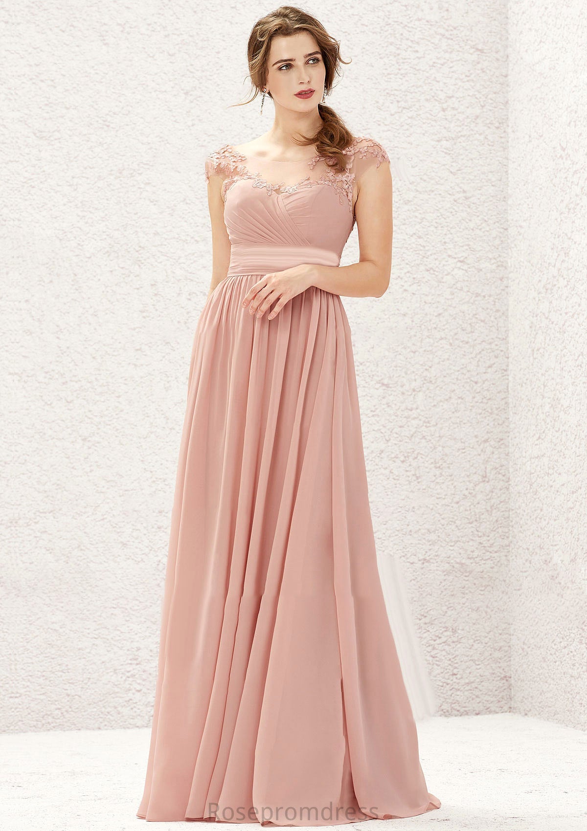 A-line Illusion Neck Sleeveless Chiffon Long/Floor-Length Bridesmaid Dresses With Appliqued Pleated Jayda SRSP0025636