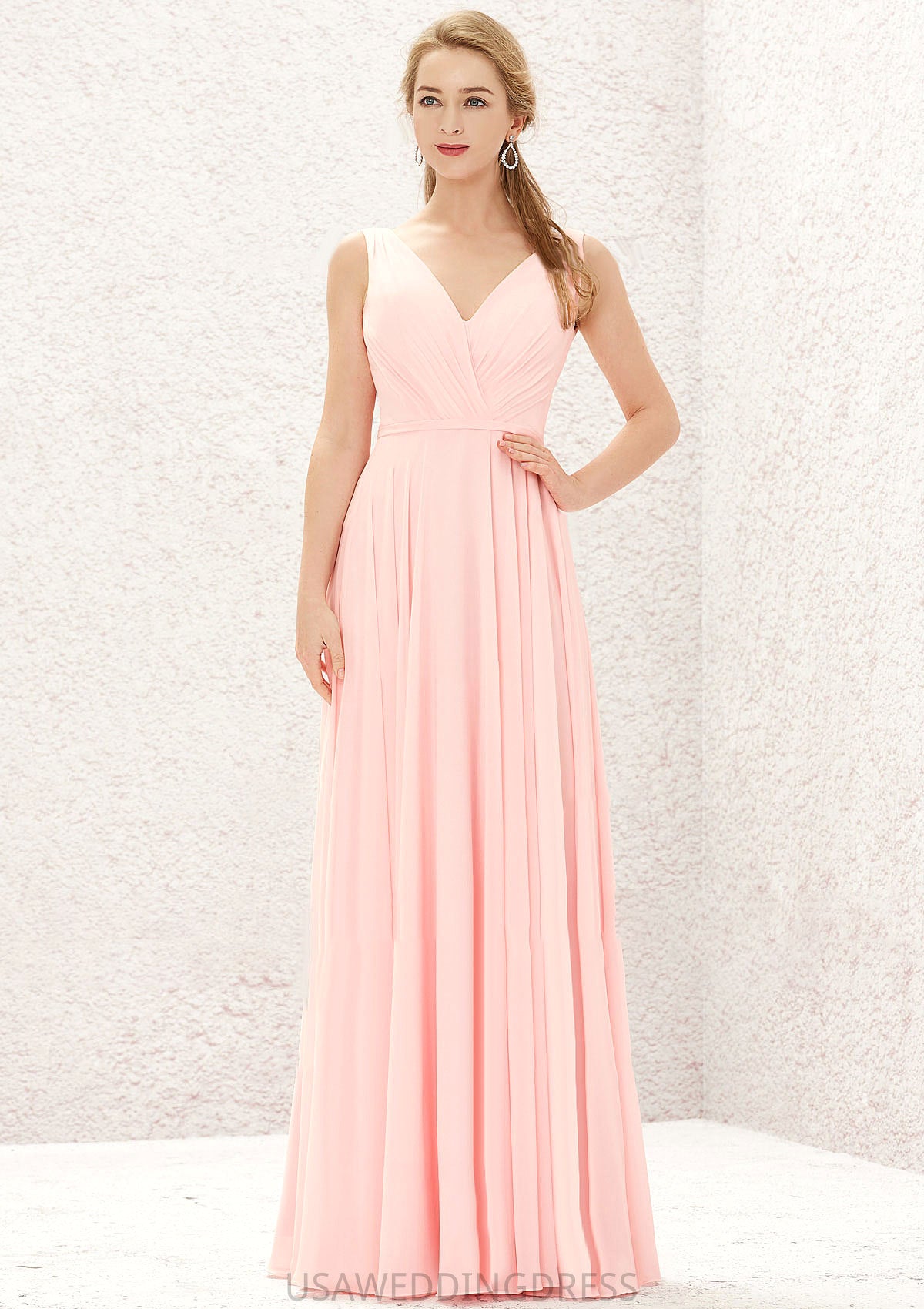 A-line V Neck Sleeveless Chiffon Long/Floor-Length Bridesmaid Dresses With Pleated Nia DSP0025637