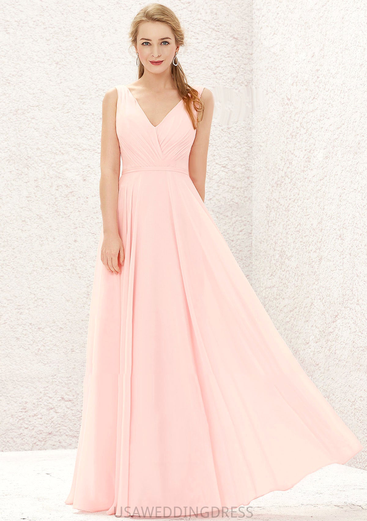 A-line V Neck Sleeveless Chiffon Long/Floor-Length Bridesmaid Dresses With Pleated Nia DSP0025637