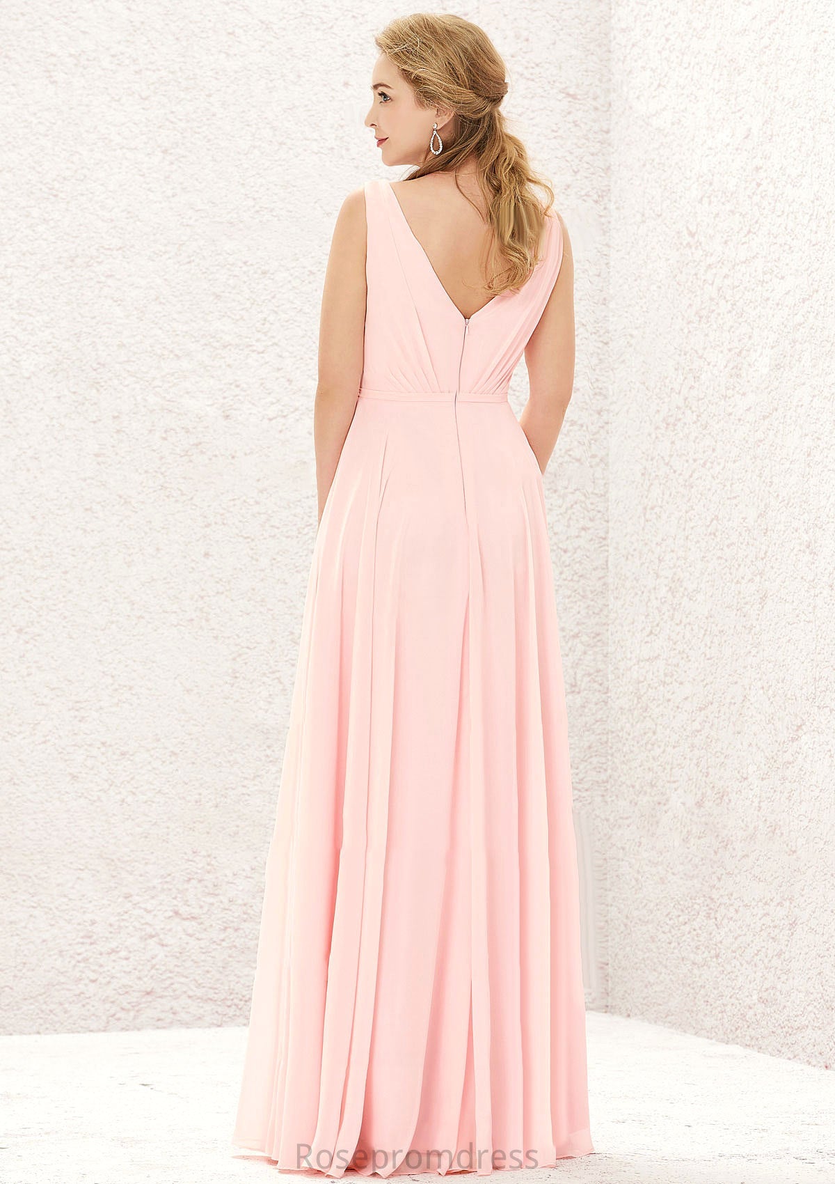 A-line V Neck Sleeveless Chiffon Long/Floor-Length Bridesmaid Dresses With Pleated Carleigh SRSP0025637