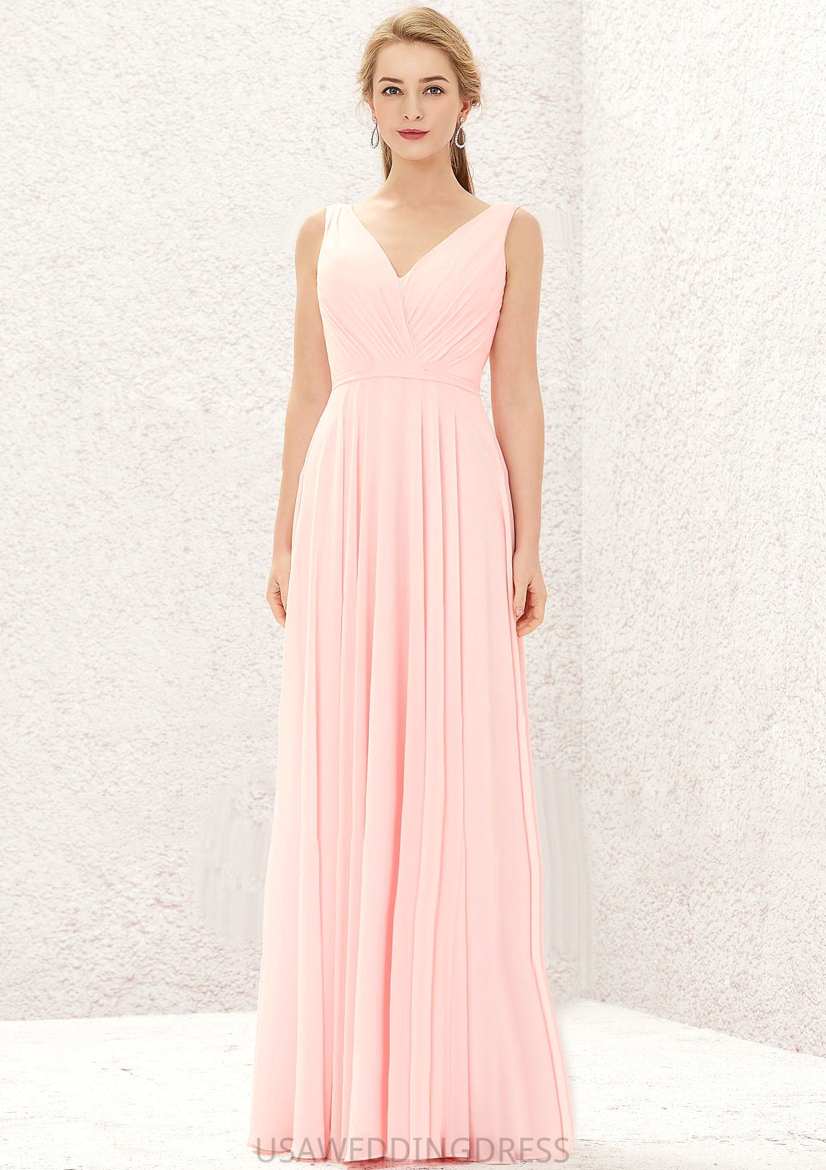 A-line V Neck Sleeveless Chiffon Long/Floor-Length Bridesmaid Dresses With Pleated Nia DSP0025637