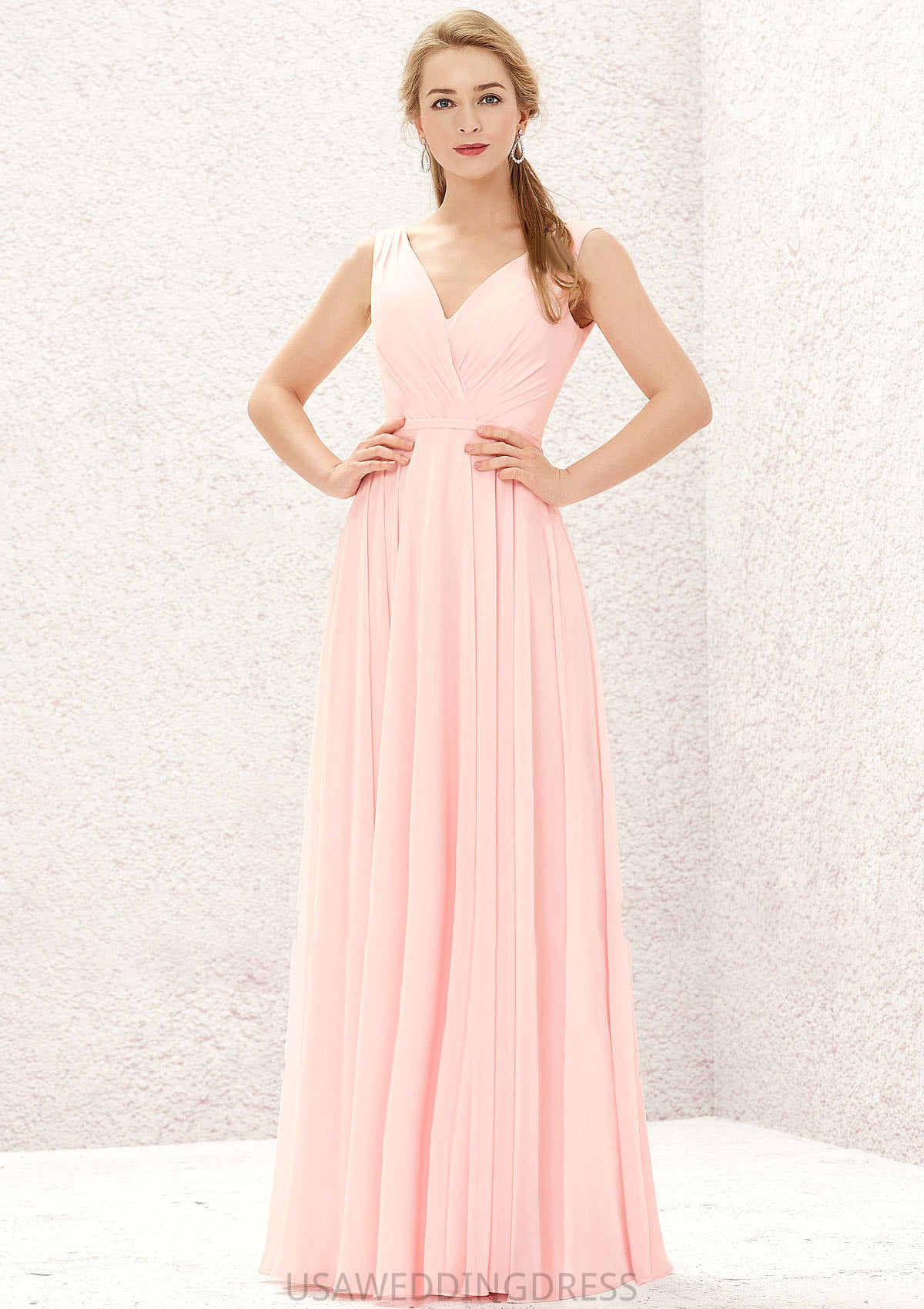 A-line V Neck Sleeveless Chiffon Long/Floor-Length Bridesmaid Dresses With Pleated Nia DSP0025637