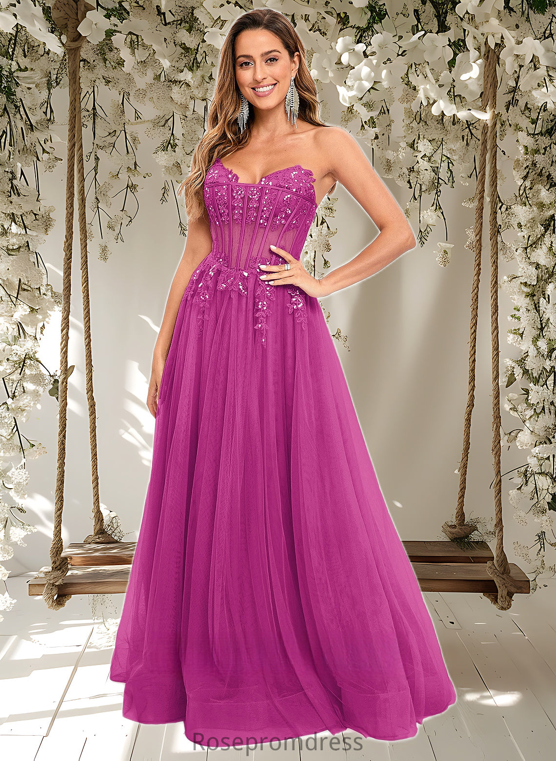 Camila Ball-Gown/Princess V-Neck Floor-Length Tulle Prom Dresses With Sequins Appliques Lace DSP0025837