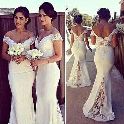 Charming Ivory Long Cap Sleeve Lace Mermaid Sexy Long Bridesmaid Dresses WG10