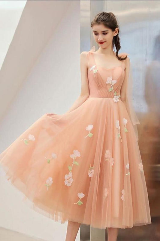 Tea Length Unique Graduation Dress With Appliques, A Line Tulle Homecoming Dresses