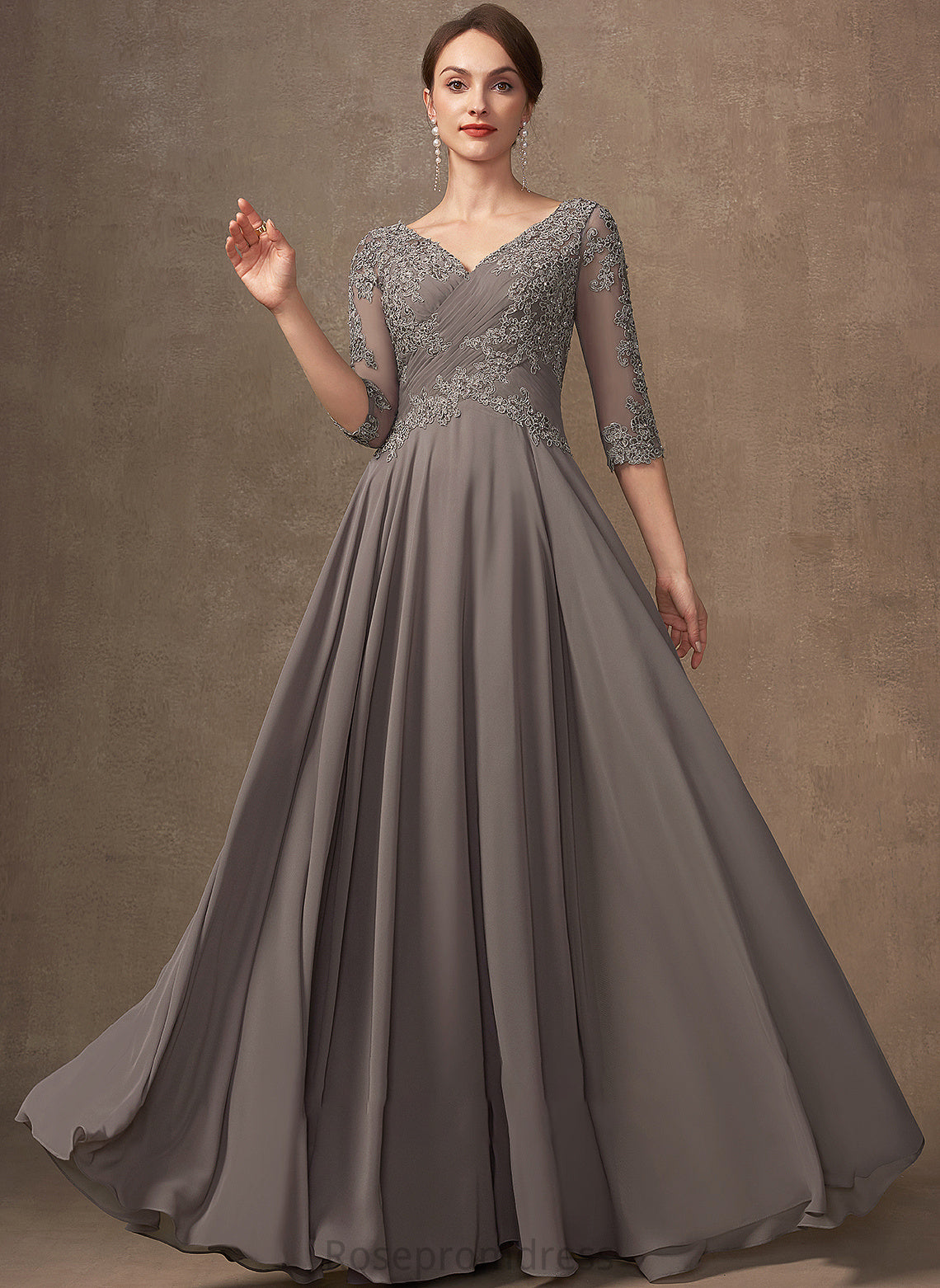 the Floor-Length Mother of the Bride Dresses Chiffon Bride With Sequins A-Line Mother Dress Beading Andrea V-neck of Lace