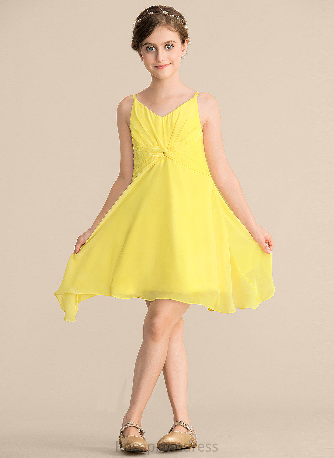 Ruffle Knee-Length With A-Line Chiffon Junior Bridesmaid Dresses Angelica V-neck