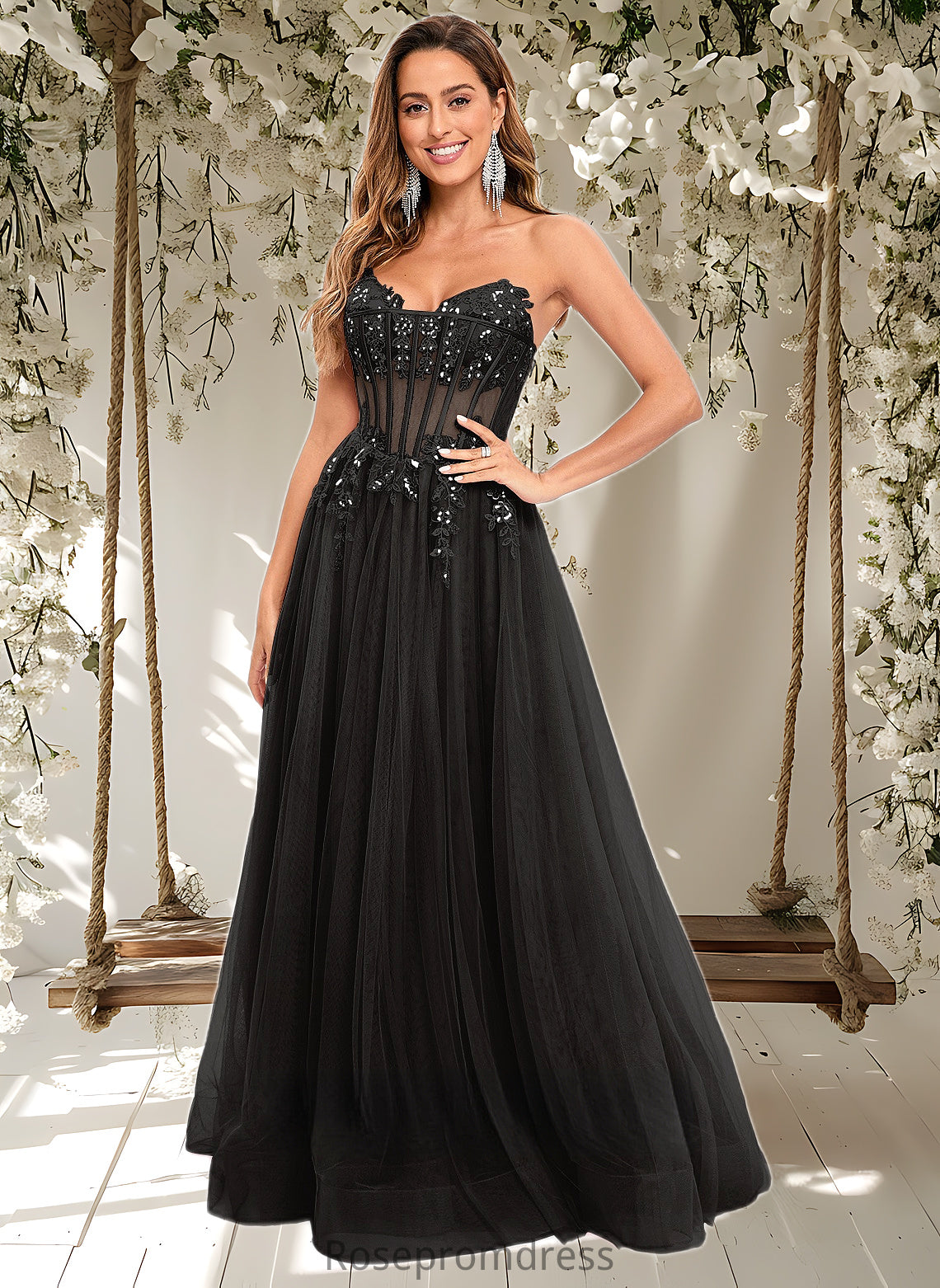 Camila Ball-Gown/Princess V-Neck Floor-Length Tulle Prom Dresses With Sequins Appliques Lace DSP0025837