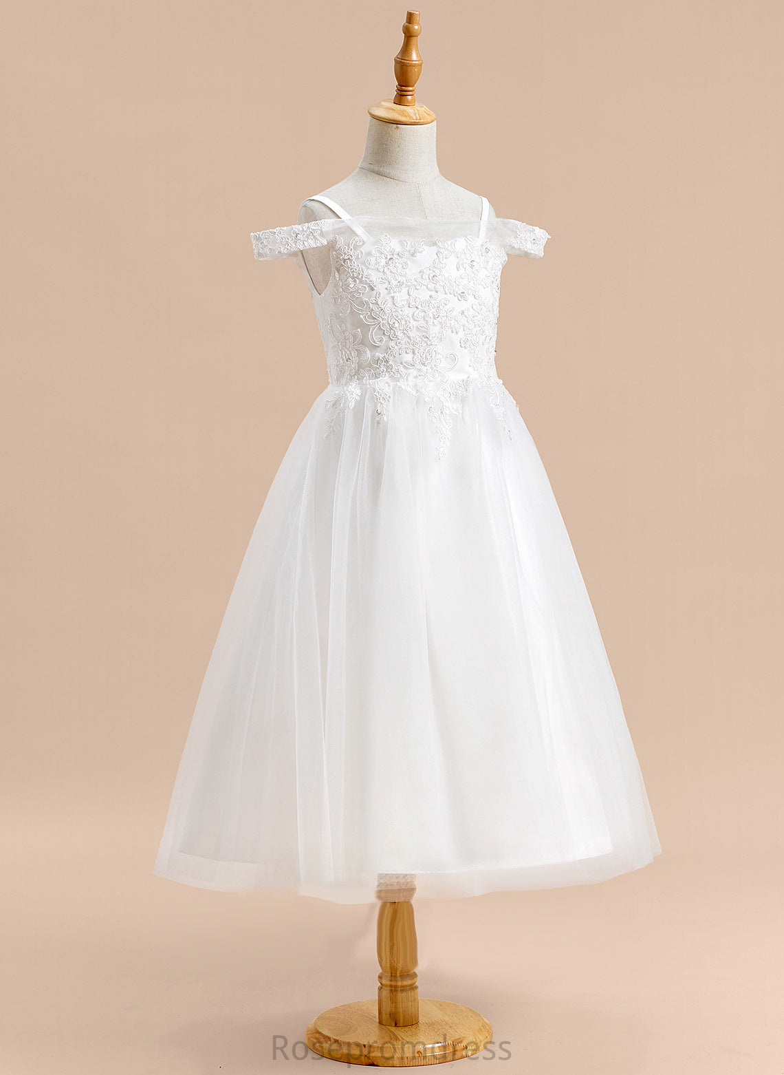 Flower Off-the-Shoulder Lace A-Line Flower Girl Dresses Tulle Girl Dress - With Tea-length Sleeveless Caitlin