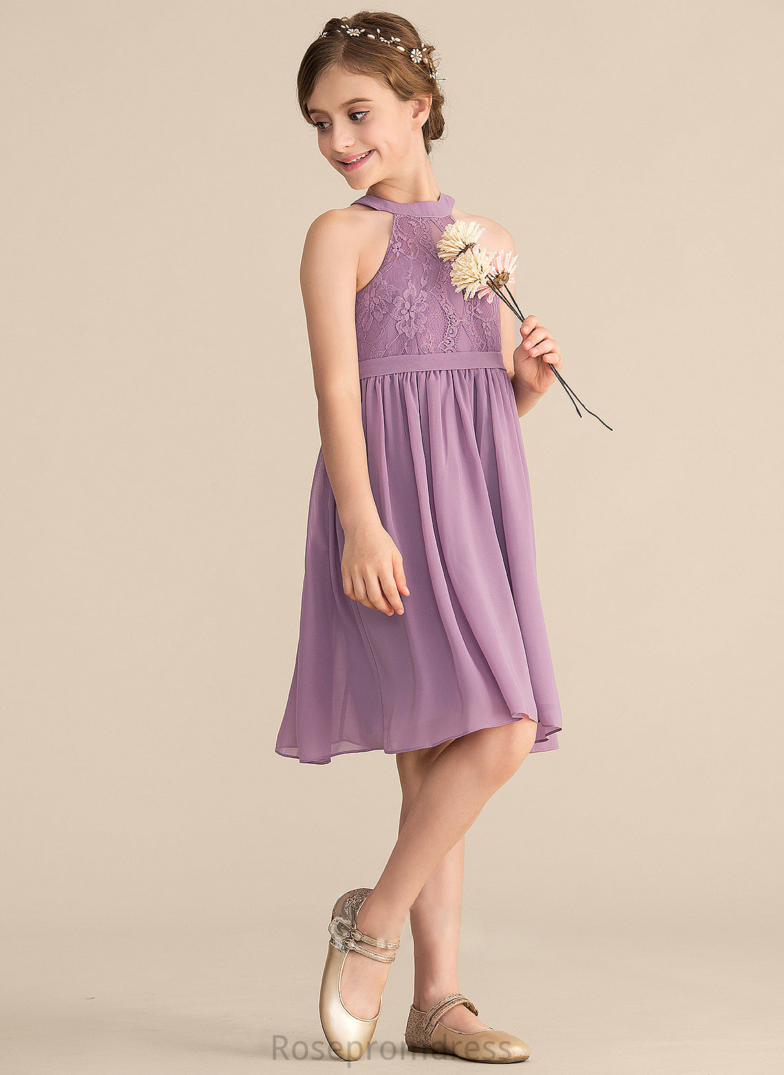 Chiffon Knee-Length Neck Lace Rachael Junior Bridesmaid Dresses A-Line Scoop